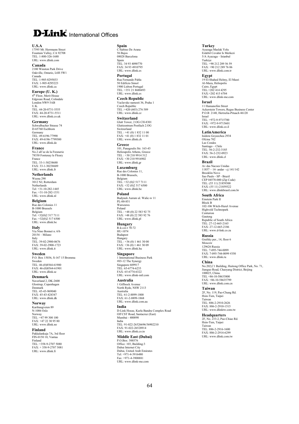 64 international offices | D-Link DIR-100 User Manual | Page 70 / 70