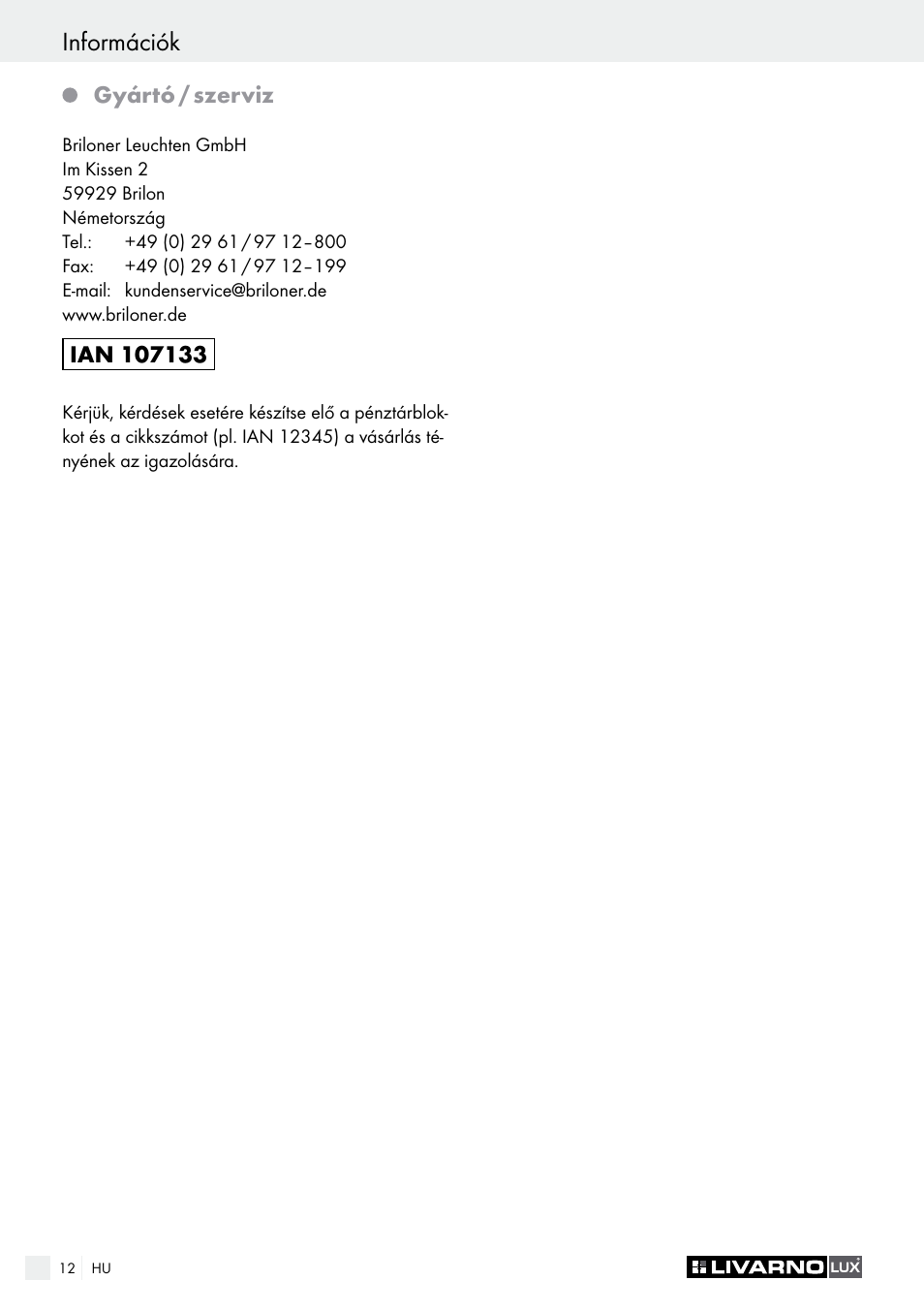 Információk | Livarno 14100204L /14100206L / 14100208L User Manual | Page 12 / 29