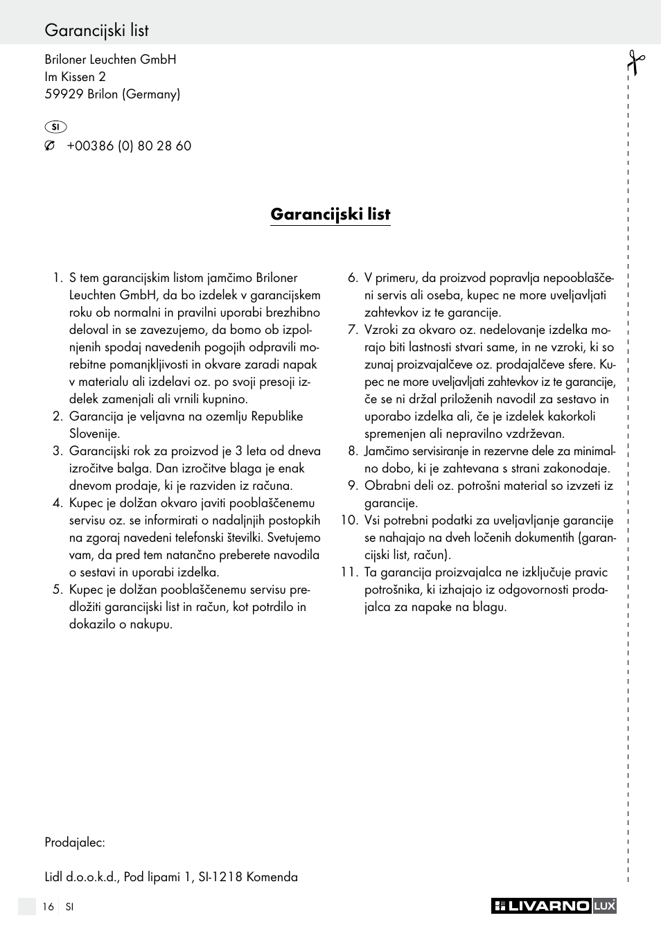 Garancijski list | Livarno 14100204L /14100206L / 14100208L User Manual | Page 16 / 29