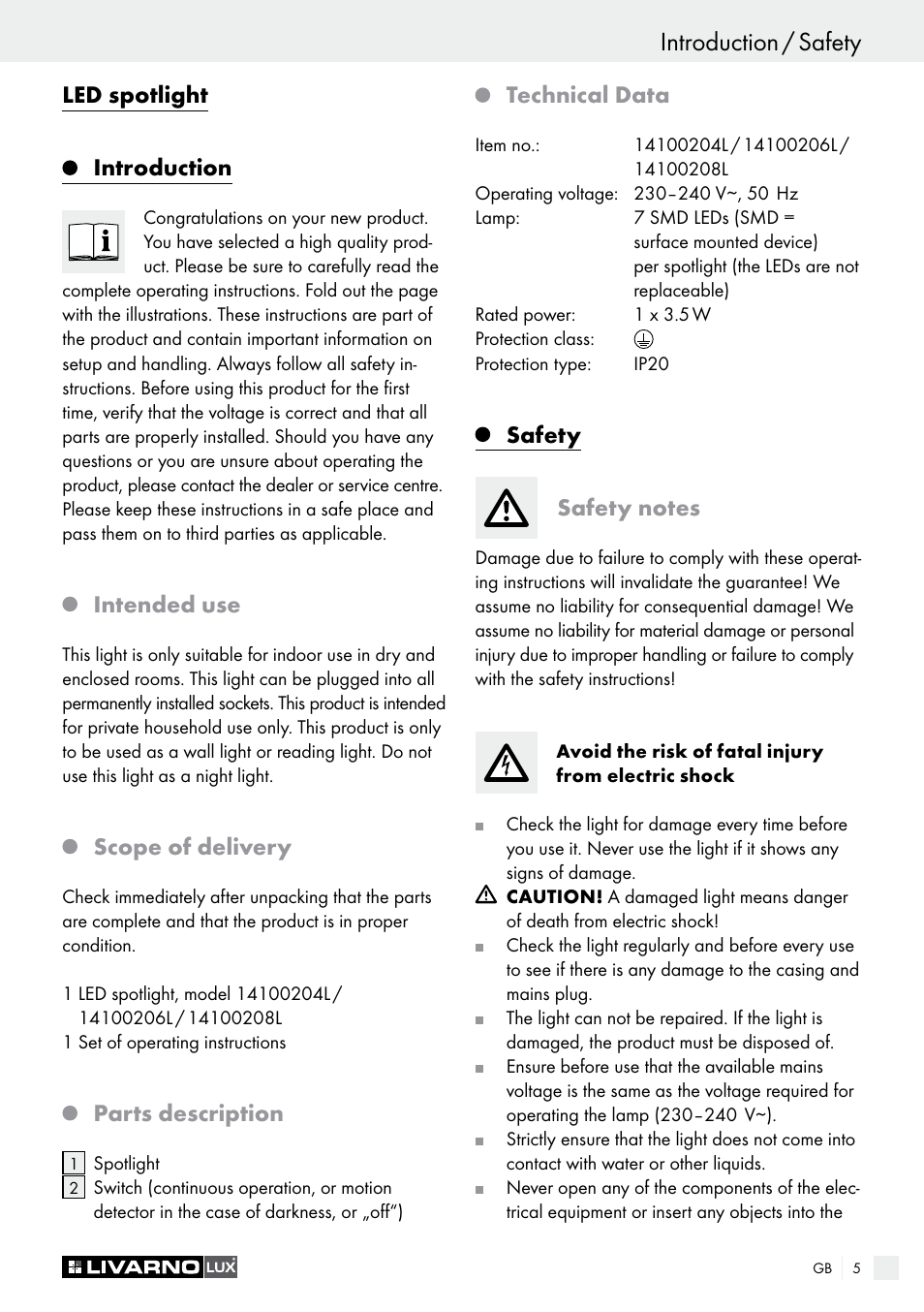 Introduction / safety, Led spotlight introduction, Intended use | Scope of delivery, Parts description, Technical data | Livarno 14100204L /14100206L / 14100208L User Manual | Page 5 / 29