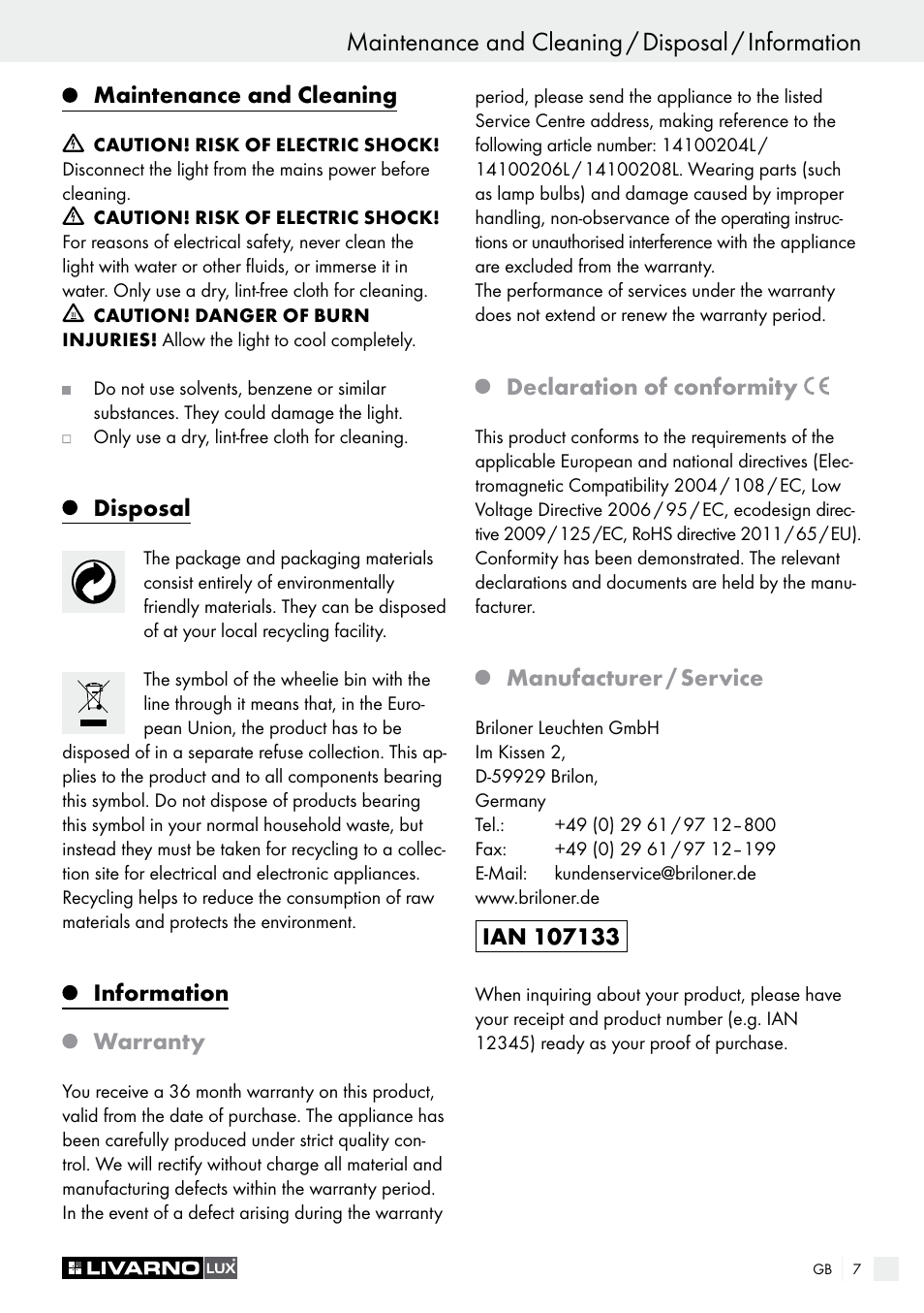 Maintenance and cleaning / disposal / information, Maintenance and cleaning, Disposal | Information warranty, Declaration of conformity, Manufacturer / service | Livarno 14100204L /14100206L / 14100208L User Manual | Page 7 / 29