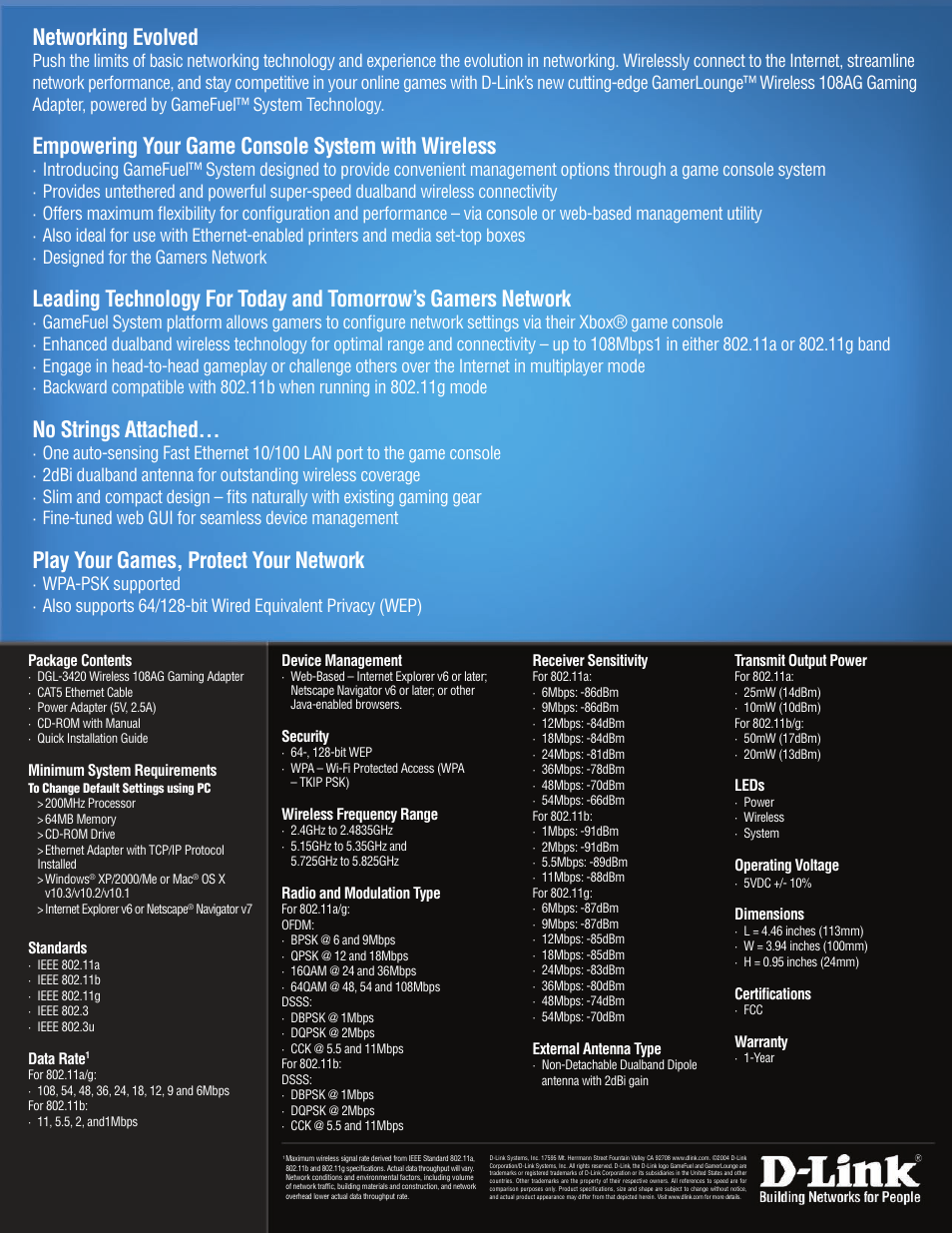 Networking evolved, Empowering your game console system with wireless, No strings attached | Play your games, protect your network | D-Link DGL3420 User Manual | Page 2 / 2