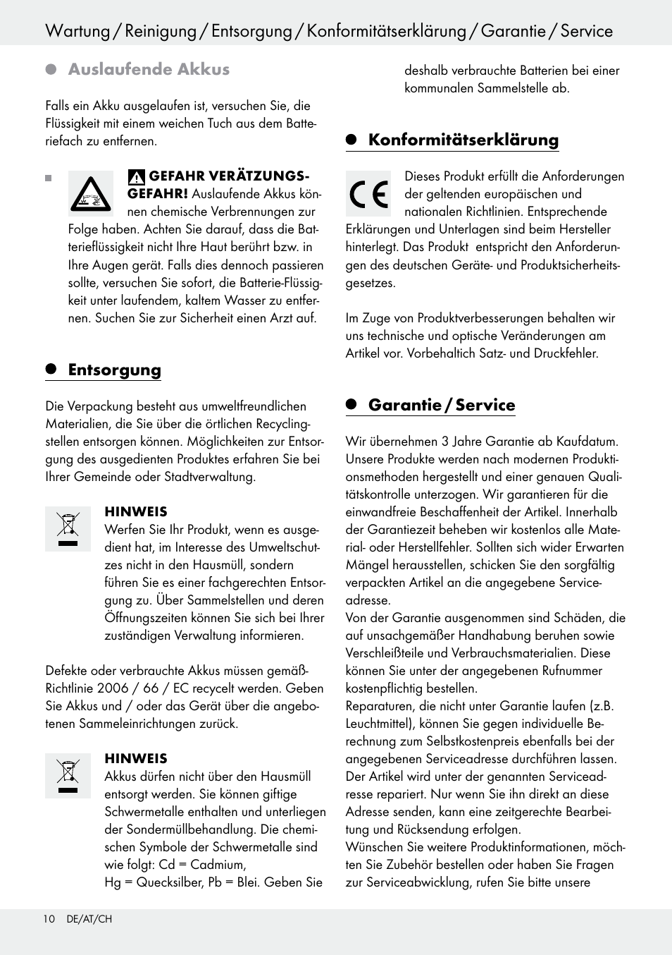 Auslaufende akkus, Entsorgung, Konformitätserklärung | Garantie / service | Livarno 54313 User Manual | Page 10 / 33