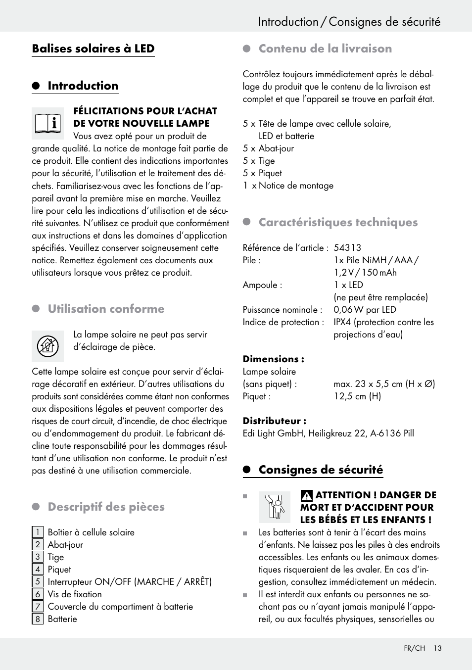 Balises solaires à led, Introduction, Utilisation conforme | Descriptif des pièces, Contenu de la livraison, Caractéristiques techniques, Consignes de sécurité | Livarno 54313 User Manual | Page 13 / 33