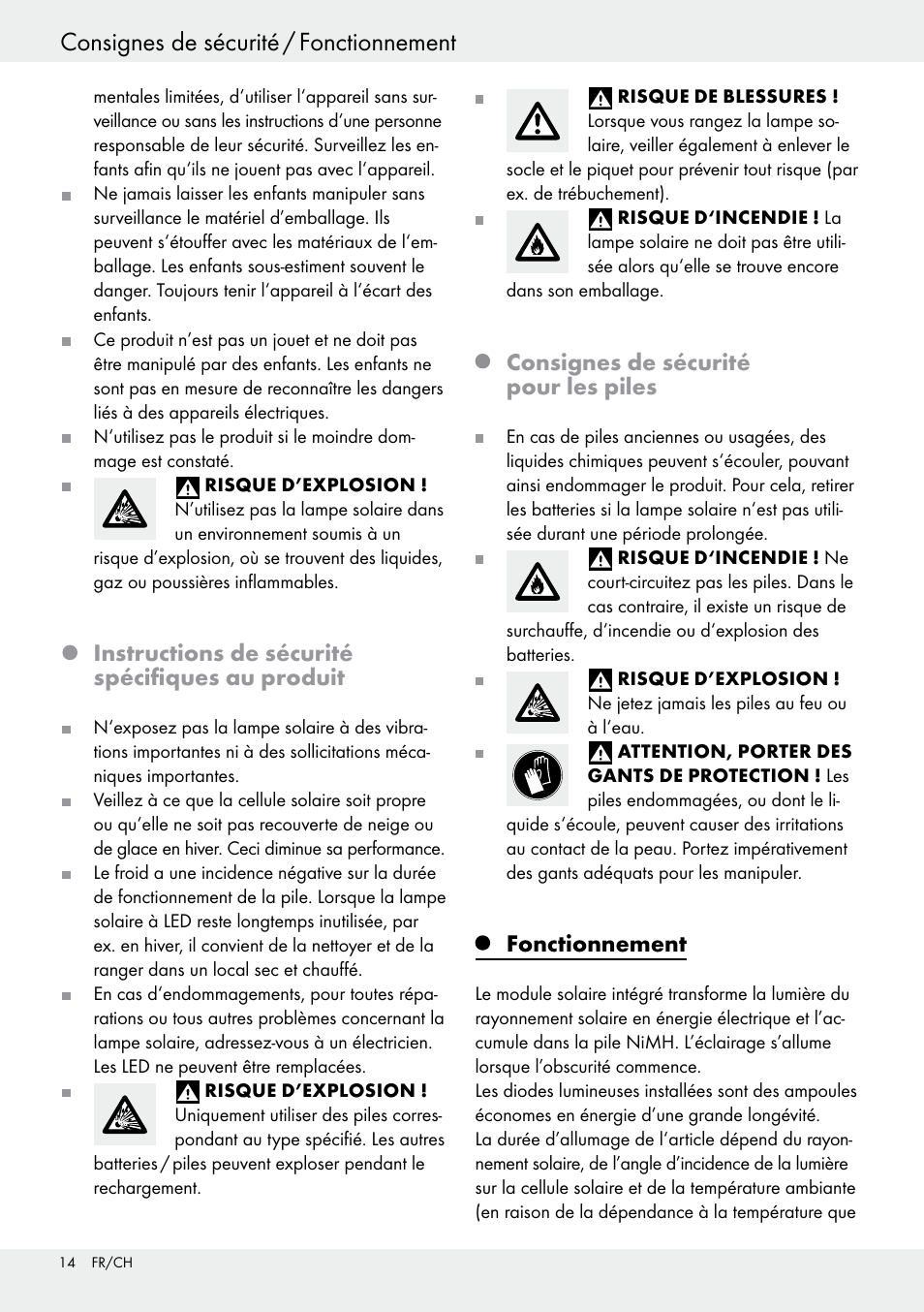 Consignes de sécurité / fonctionnement, Fonctionnement / mise en marche, Instructions de sécurité spécifiques au produit | Consignes de sécurité pour les piles, Fonctionnement | Livarno 54313 User Manual | Page 14 / 33