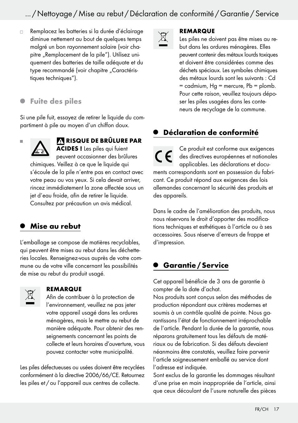 Fuite des piles, Mise au rebut, Déclaration de conformité | Garantie / service | Livarno 54313 User Manual | Page 17 / 33