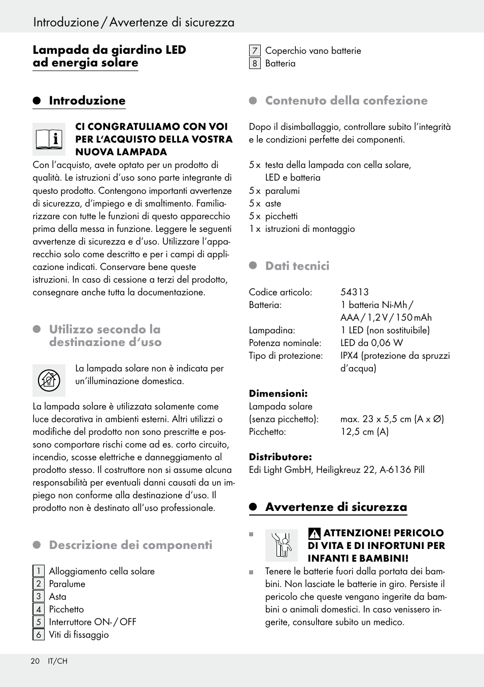 Introduzione / avvertenze di sicurezza, Lampada da giardino led ad energia solare, Introduzione | Utilizzo secondo la destinazione d‘uso, Descrizione dei componenti, Contenuto della confezione, Dati tecnici, Avvertenze di sicurezza | Livarno 54313 User Manual | Page 20 / 33