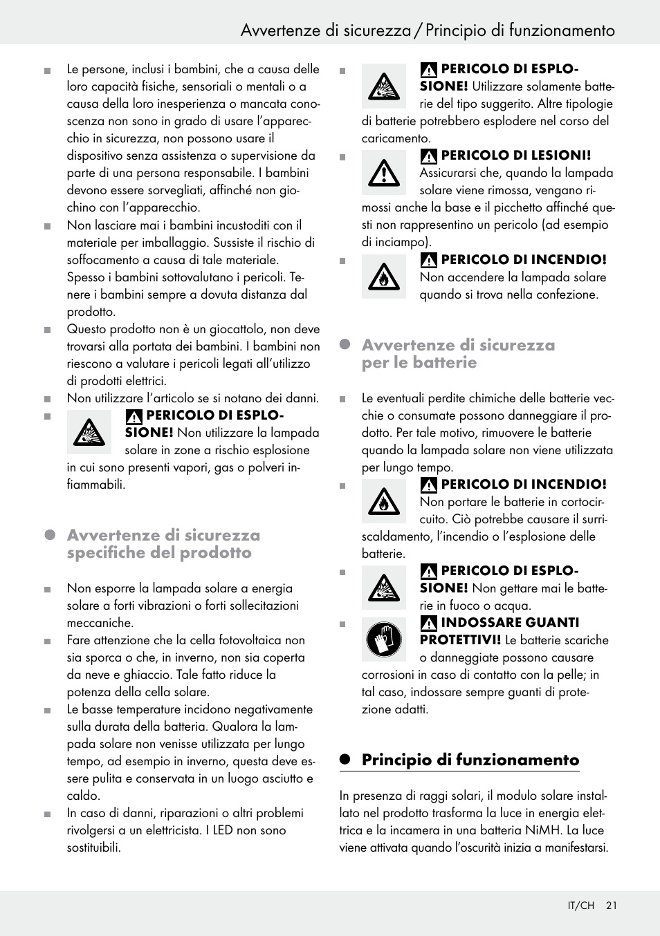 Avvertenze di sicurezza specifiche del prodotto, Avvertenze di sicurezza per le batterie, Principio di funzionamento | Livarno 54313 User Manual | Page 21 / 33