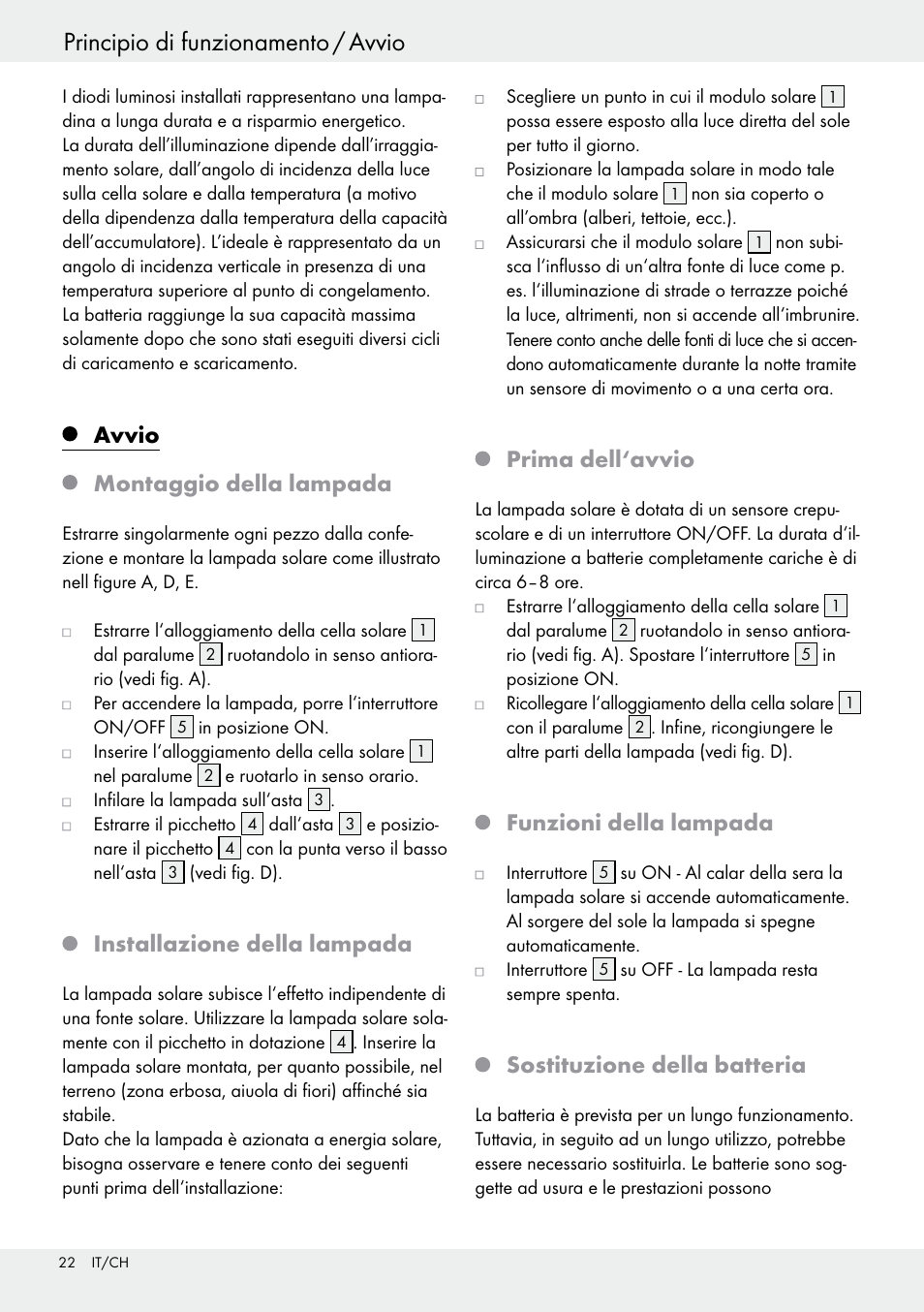 Principio di funzionamento / avvio, Avvio montaggio della lampada, Installazione della lampada | Prima dell‘avvio, Funzioni della lampada, Sostituzione della batteria | Livarno 54313 User Manual | Page 22 / 33