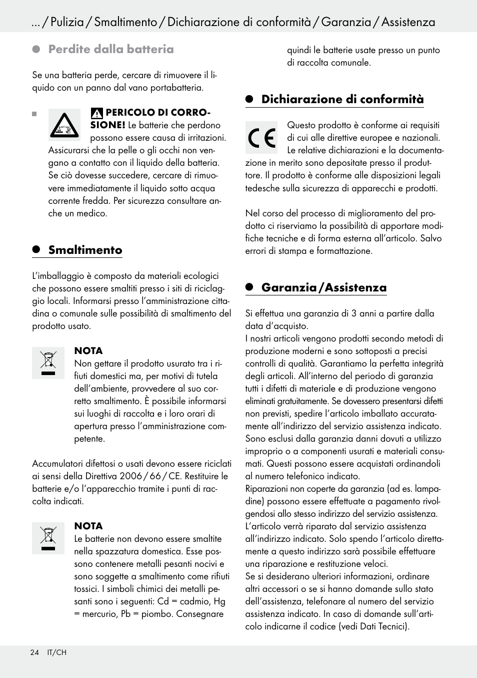 Perdite dalla batteria, Smaltimento, Dichiarazione di conformità | Garanzia /assistenza | Livarno 54313 User Manual | Page 24 / 33