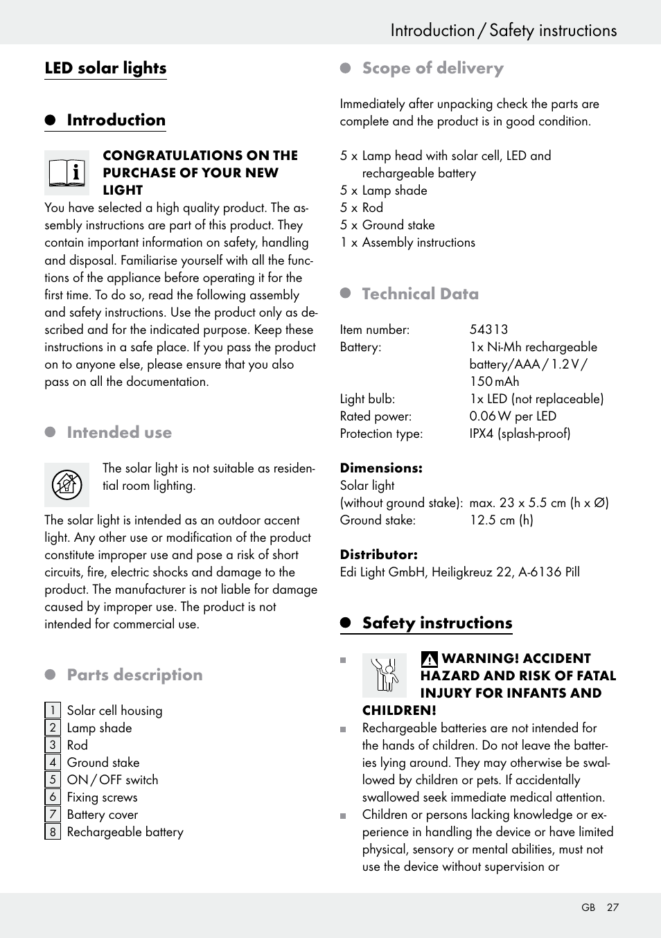 Led solar lights, Introduction, Intended use | Parts description, Scope of delivery, Technical data, Safety instructions | Livarno 54313 User Manual | Page 27 / 33