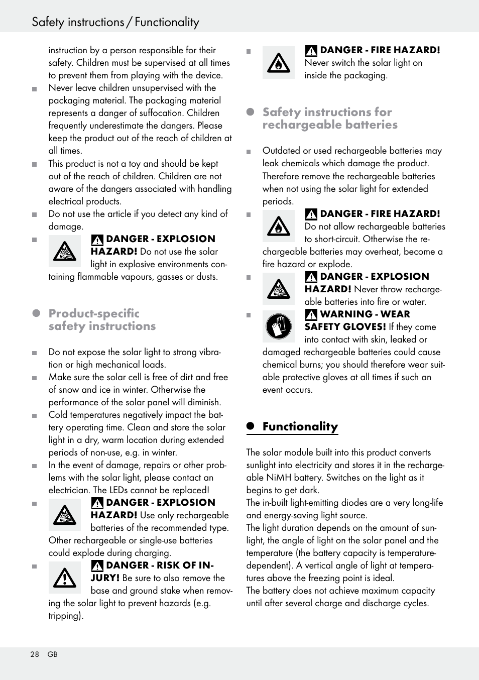 Safety instructions / functionality, Start-up, Product-specific safety instructions | Safety instructions for rechargeable batteries, Functionality | Livarno 54313 User Manual | Page 28 / 33