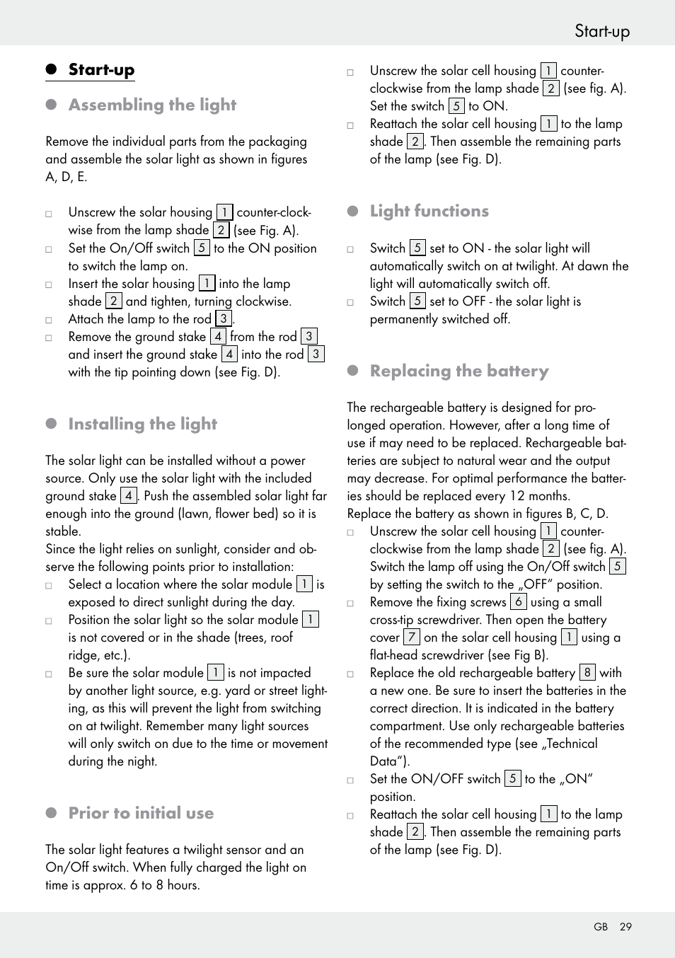 Safety instructions / functionality start-up, Start-up assembling the light, Installing the light | Prior to initial use, Light functions, Replacing the battery | Livarno 54313 User Manual | Page 29 / 33