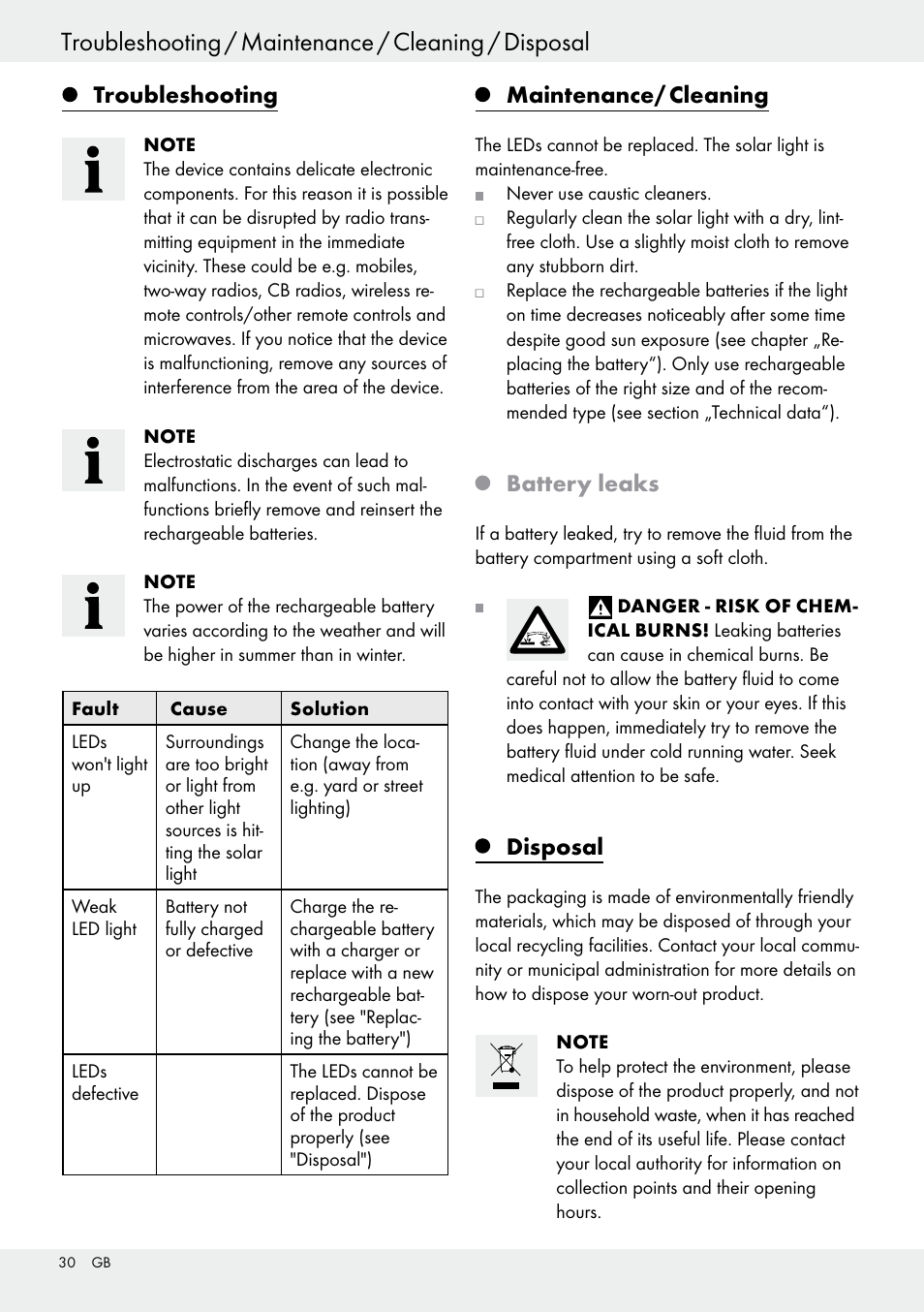 Troubleshooting, Maintenance/ cleaning, Battery leaks | Disposal | Livarno 54313 User Manual | Page 30 / 33