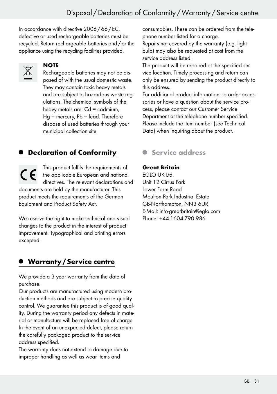 Declaration of conformity, Warranty / service centre, Service address | Livarno 54313 User Manual | Page 31 / 33