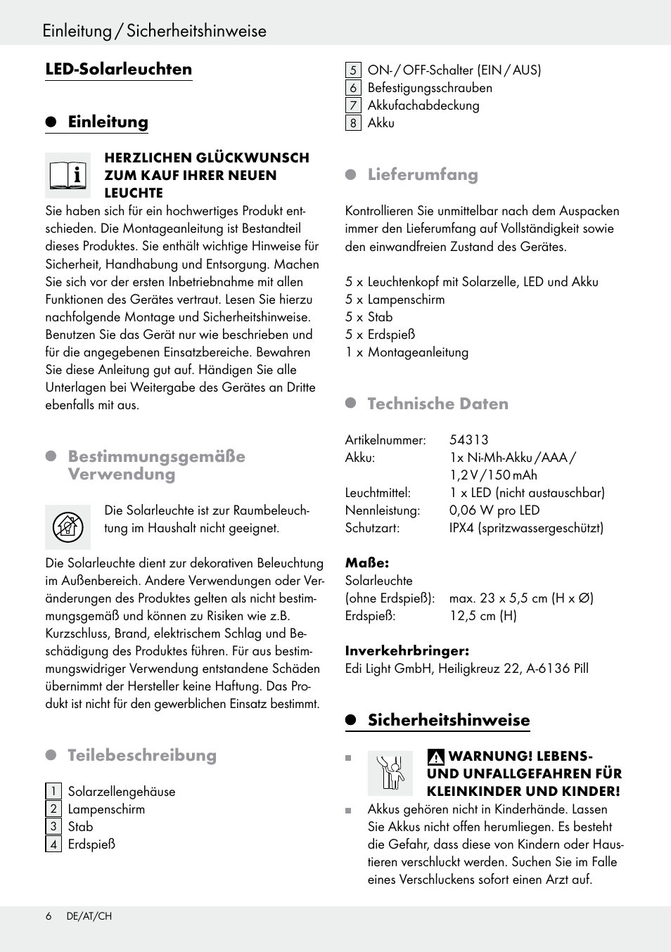 Sicherheitshinweise / funktionsweise, Einleitung / sicherheitshinweise, Led-solarleuchten | Einleitung, Bestimmungsgemäße verwendung, Teilebeschreibung, Lieferumfang, Technische daten, Sicherheitshinweise | Livarno 54313 User Manual | Page 6 / 33