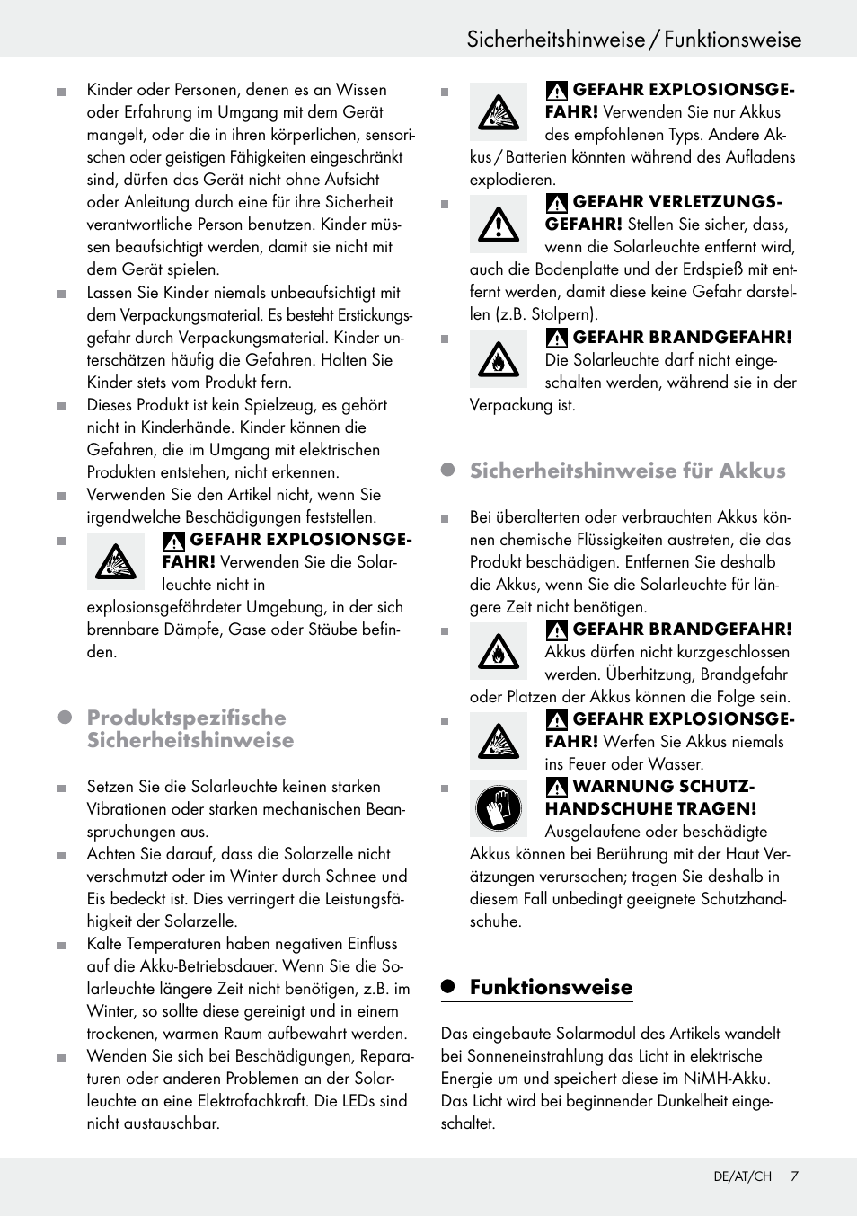 Produktspezifische sicherheitshinweise, Sicherheitshinweise für akkus, Funktionsweise | Livarno 54313 User Manual | Page 7 / 33