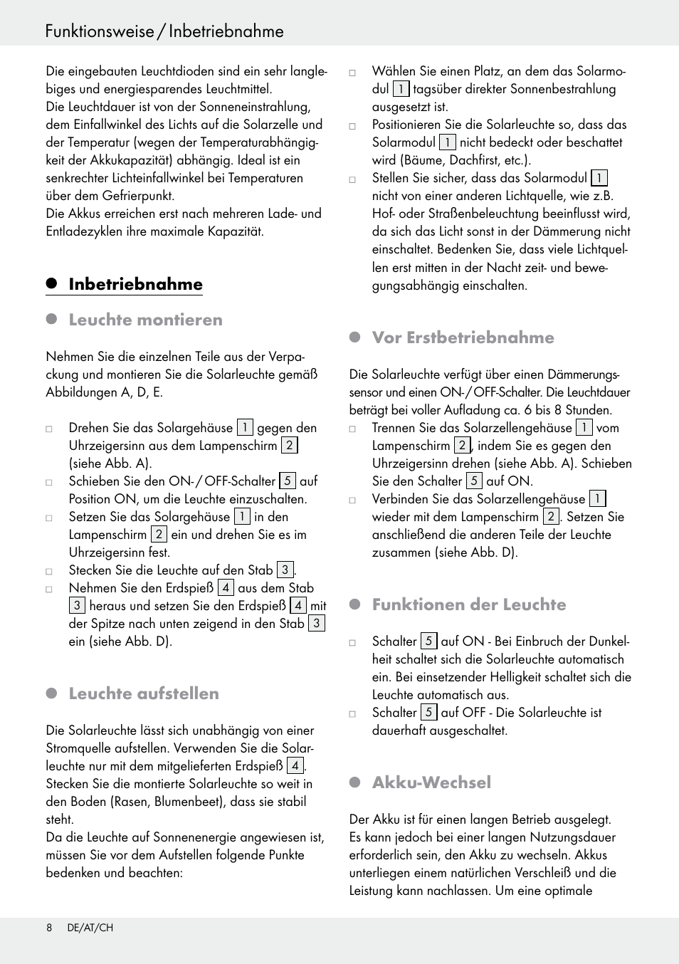 Inbetriebnahme leuchte montieren, Leuchte aufstellen, Vor erstbetriebnahme | Funktionen der leuchte, Akku-wechsel | Livarno 54313 User Manual | Page 8 / 33