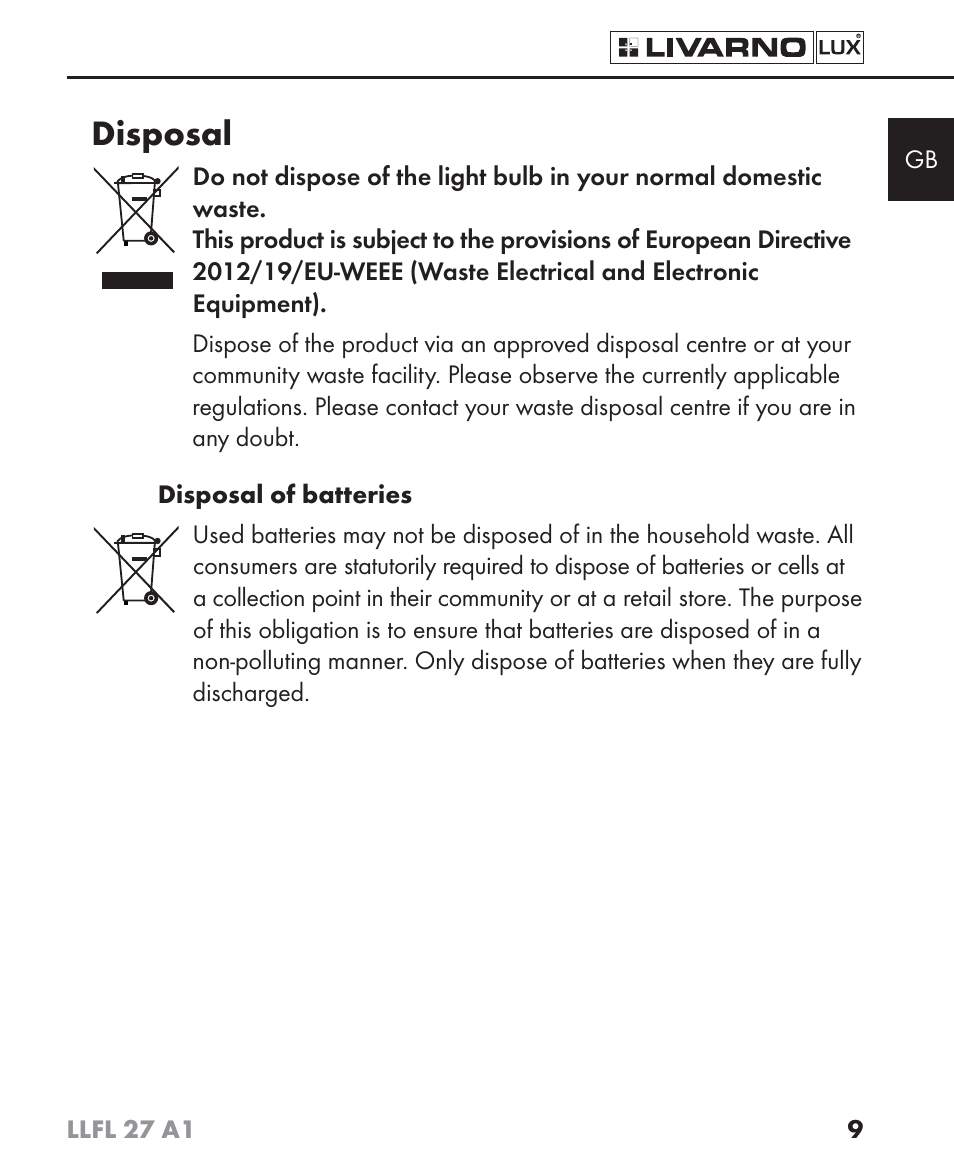 Disposal | Livarno LLFL 27 A1 User Manual | Page 12 / 54