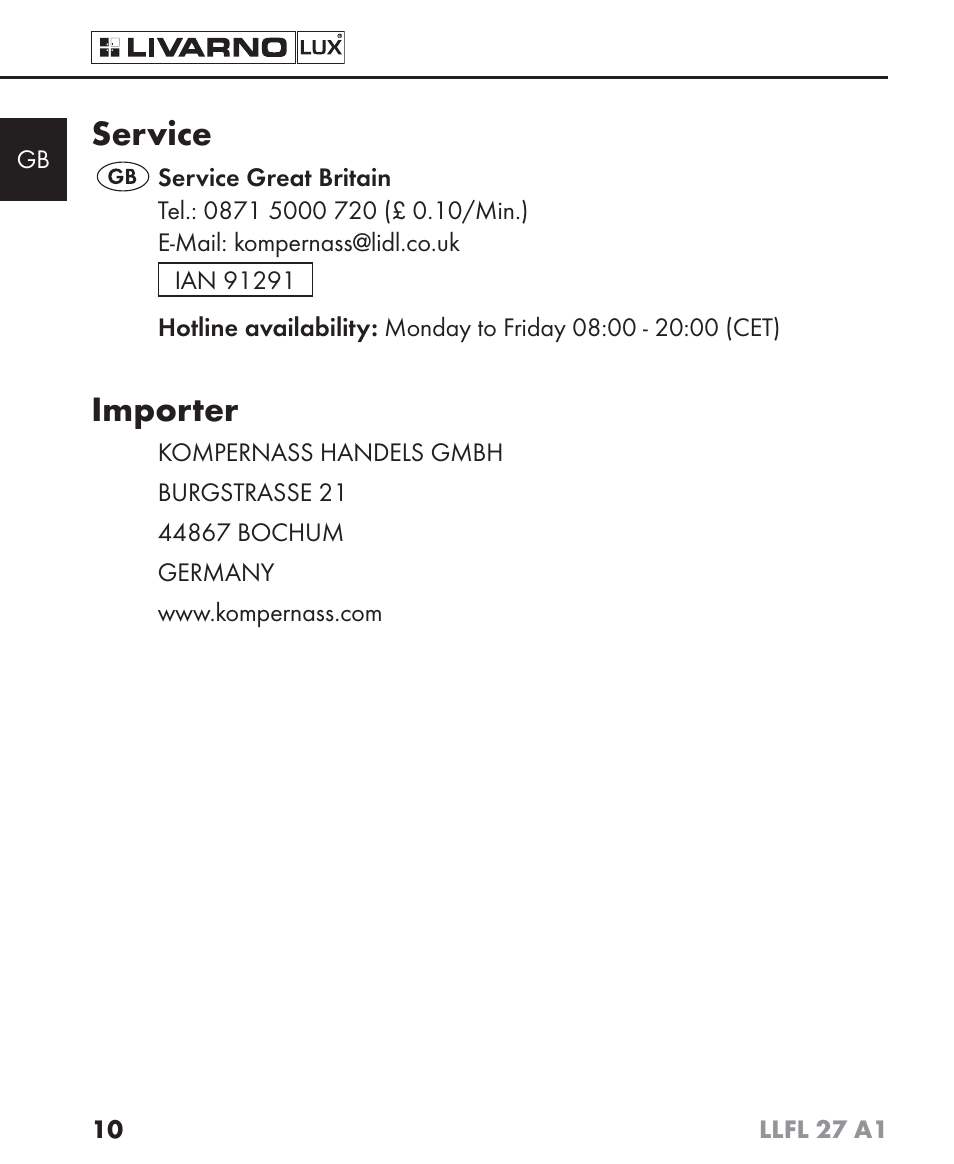 Service, Importer | Livarno LLFL 27 A1 User Manual | Page 13 / 54