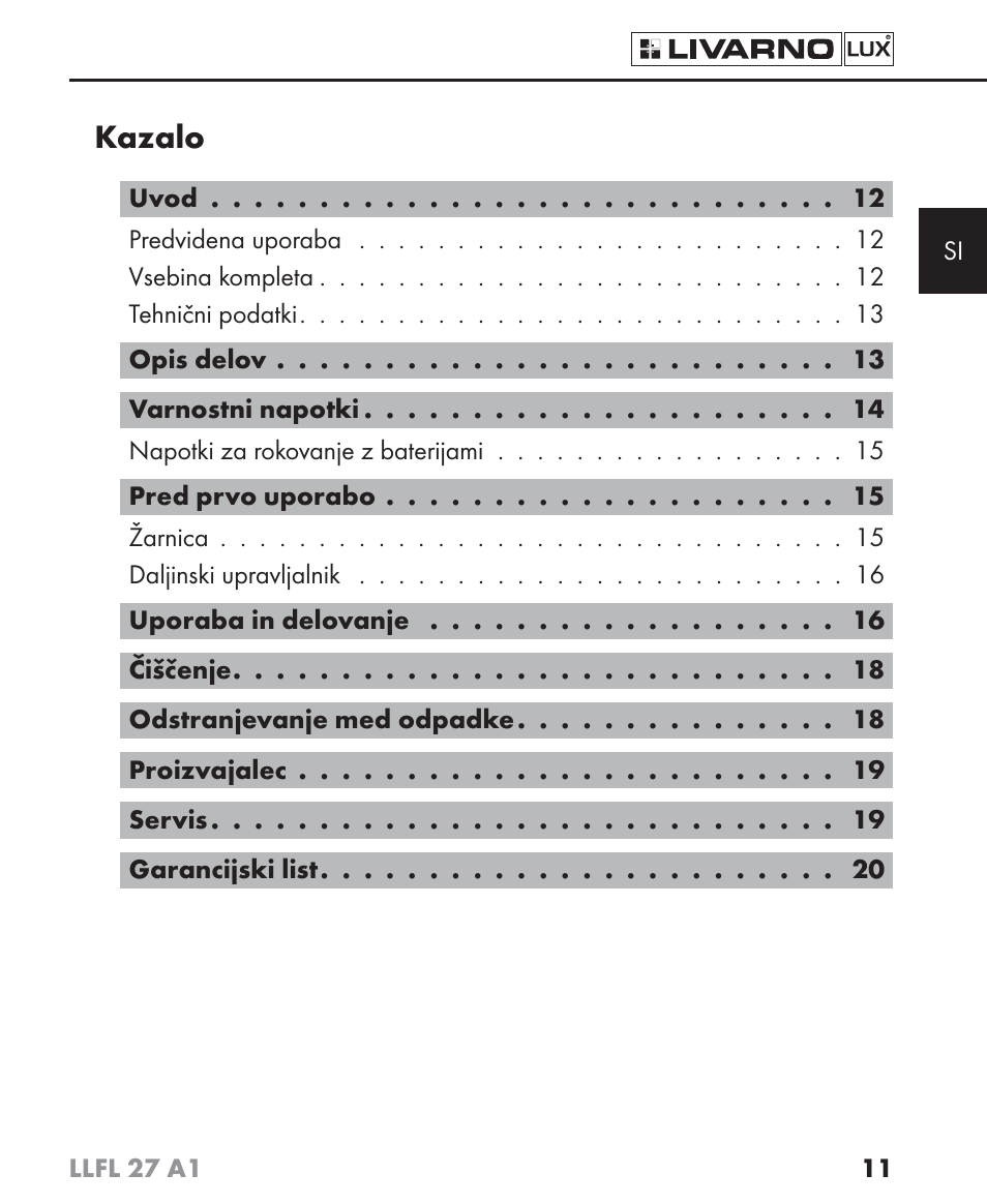 Kazalo | Livarno LLFL 27 A1 User Manual | Page 14 / 54