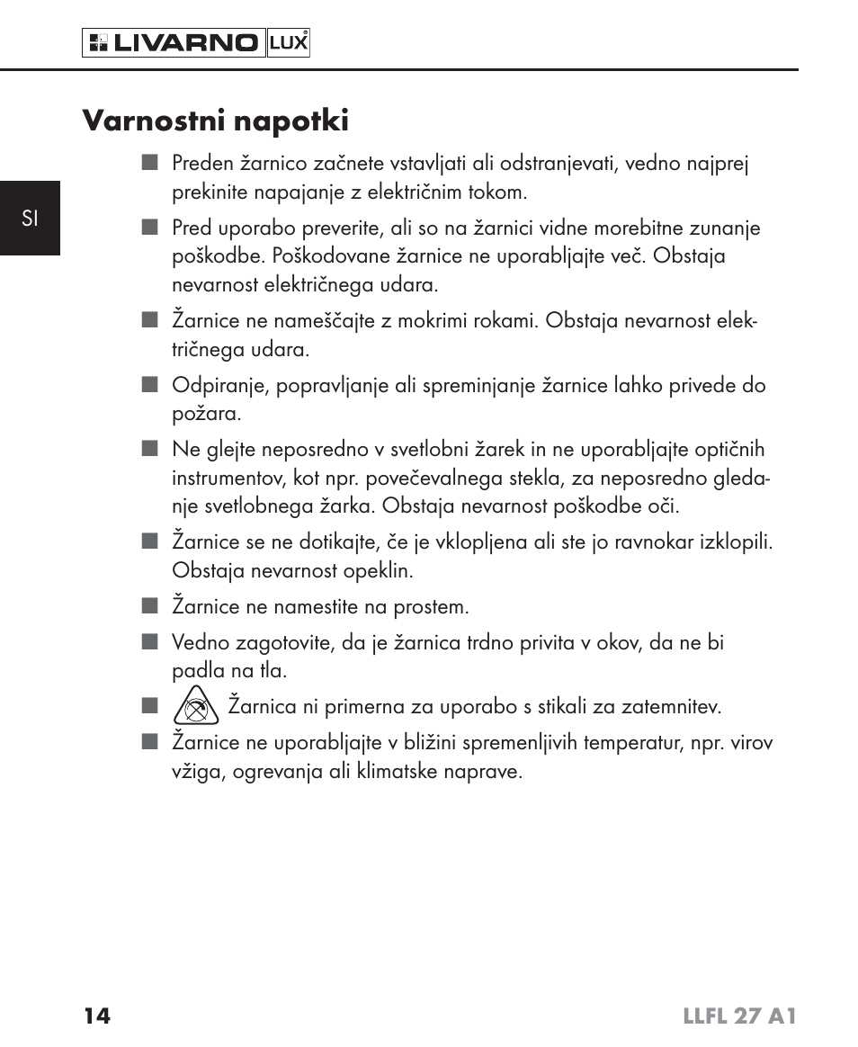 Varnostni napotki | Livarno LLFL 27 A1 User Manual | Page 17 / 54