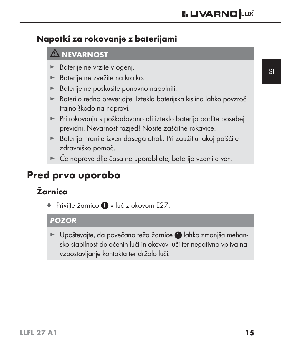 Pred prvo uporabo | Livarno LLFL 27 A1 User Manual | Page 18 / 54