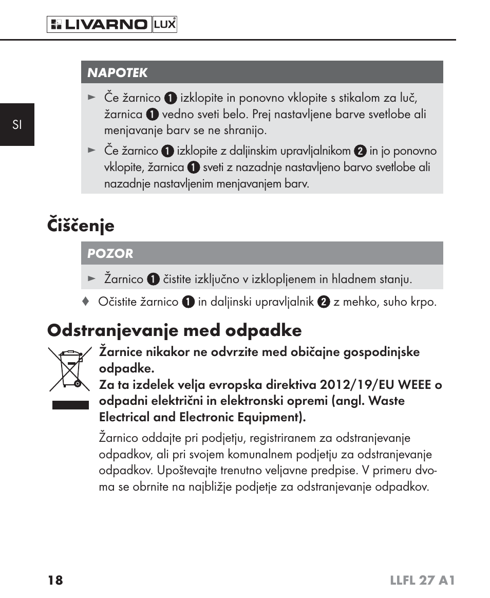 Čiščenje, Odstranjevanje med odpadke | Livarno LLFL 27 A1 User Manual | Page 21 / 54