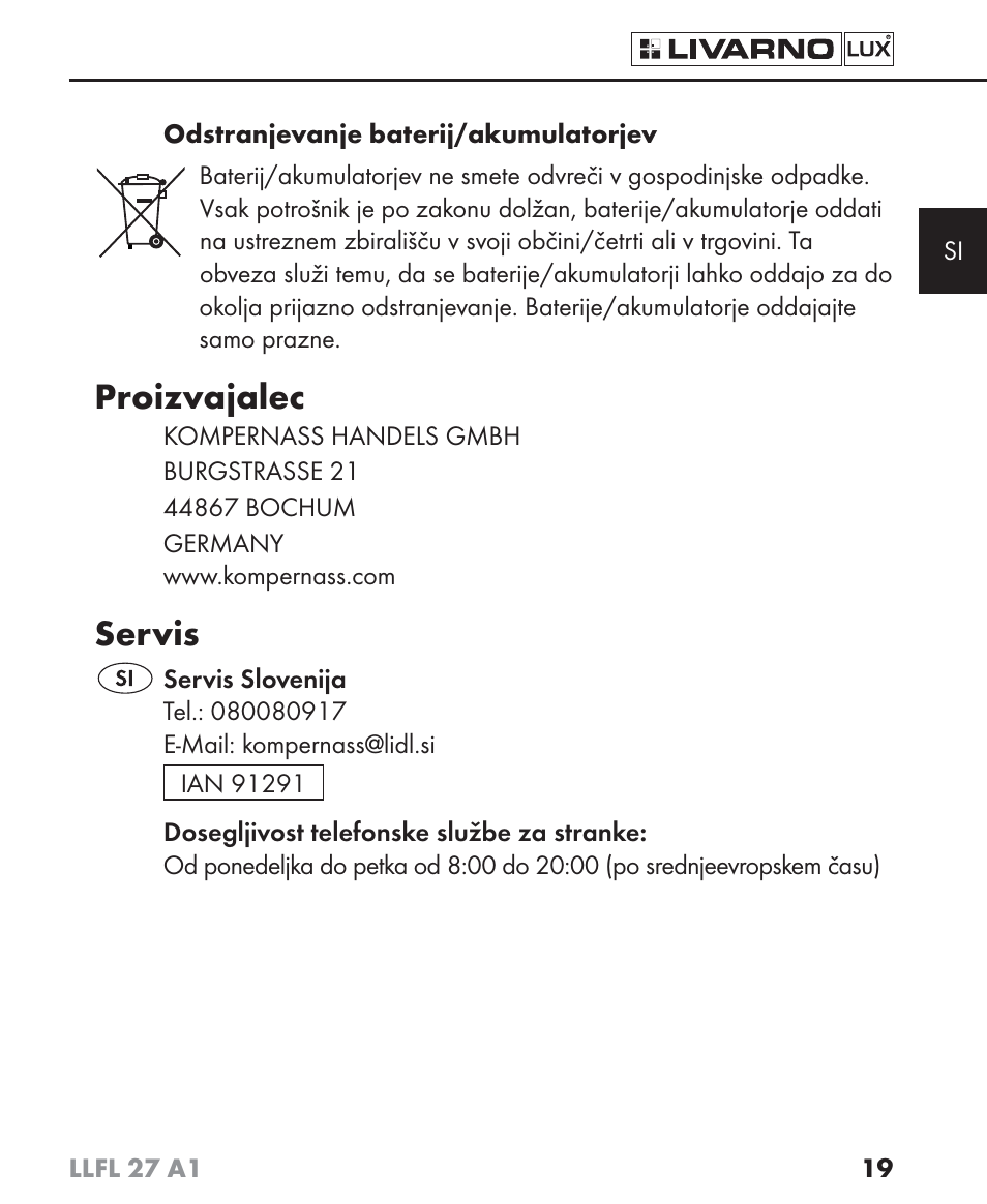 Proizvajalec, Servis | Livarno LLFL 27 A1 User Manual | Page 22 / 54