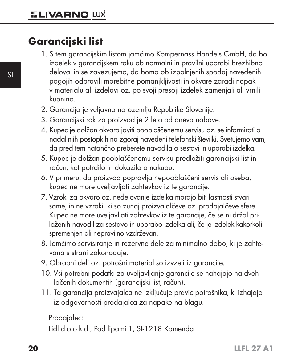 Garancijski list | Livarno LLFL 27 A1 User Manual | Page 23 / 54