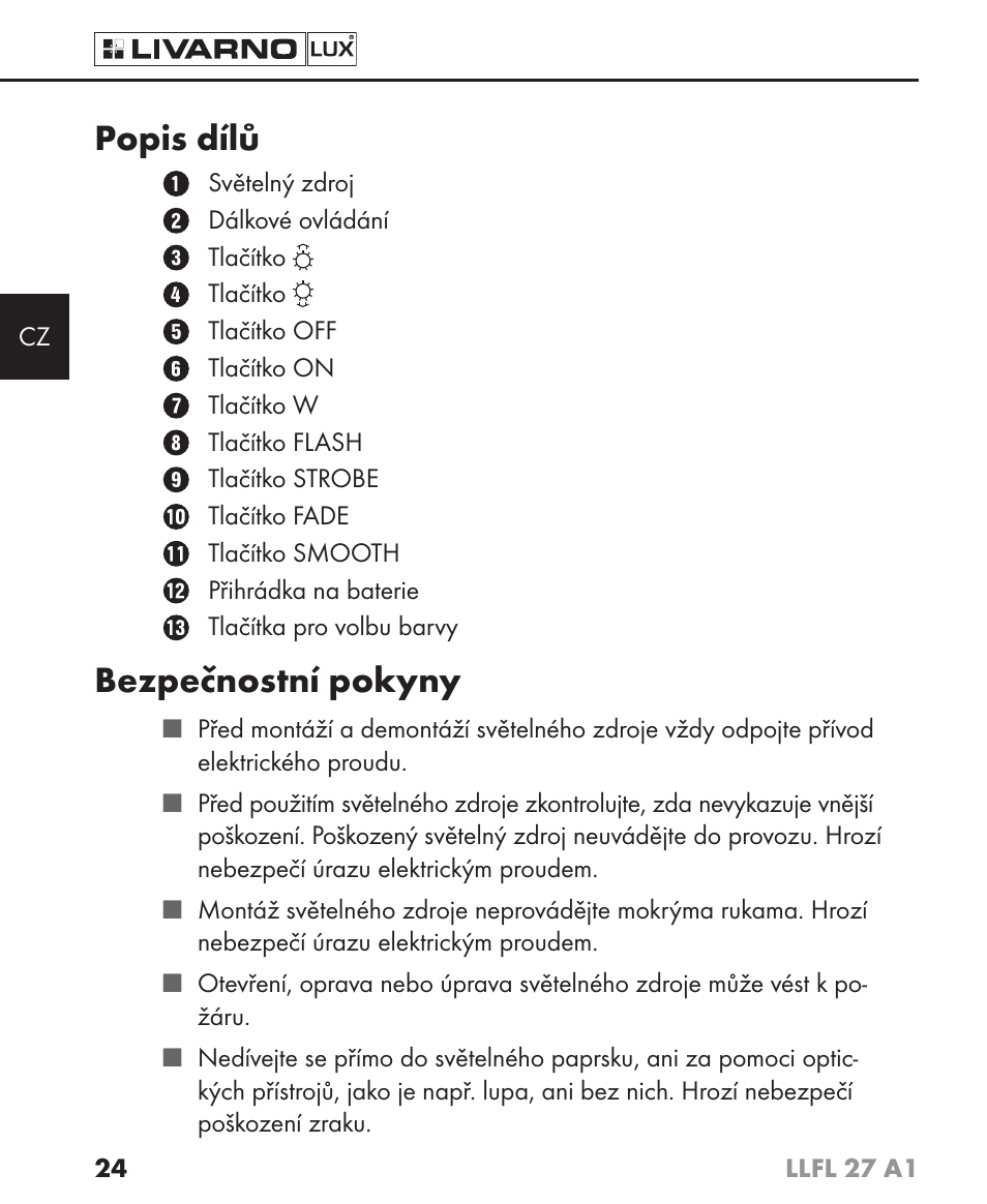 Popis dílů, Bezpečnostní pokyny | Livarno LLFL 27 A1 User Manual | Page 27 / 54