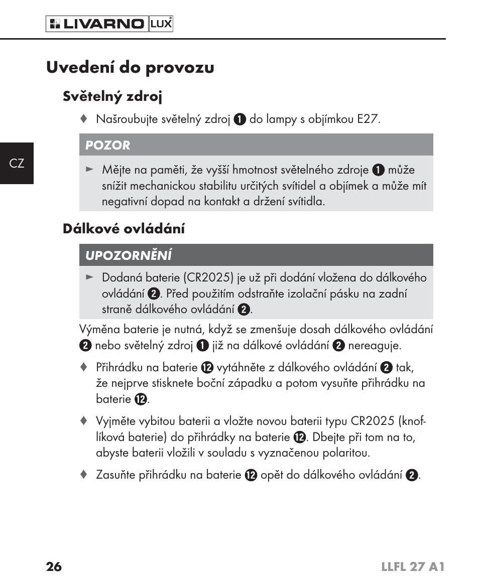 Uvedení do provozu | Livarno LLFL 27 A1 User Manual | Page 29 / 54