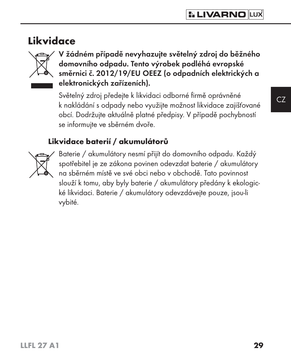 Likvidace | Livarno LLFL 27 A1 User Manual | Page 32 / 54