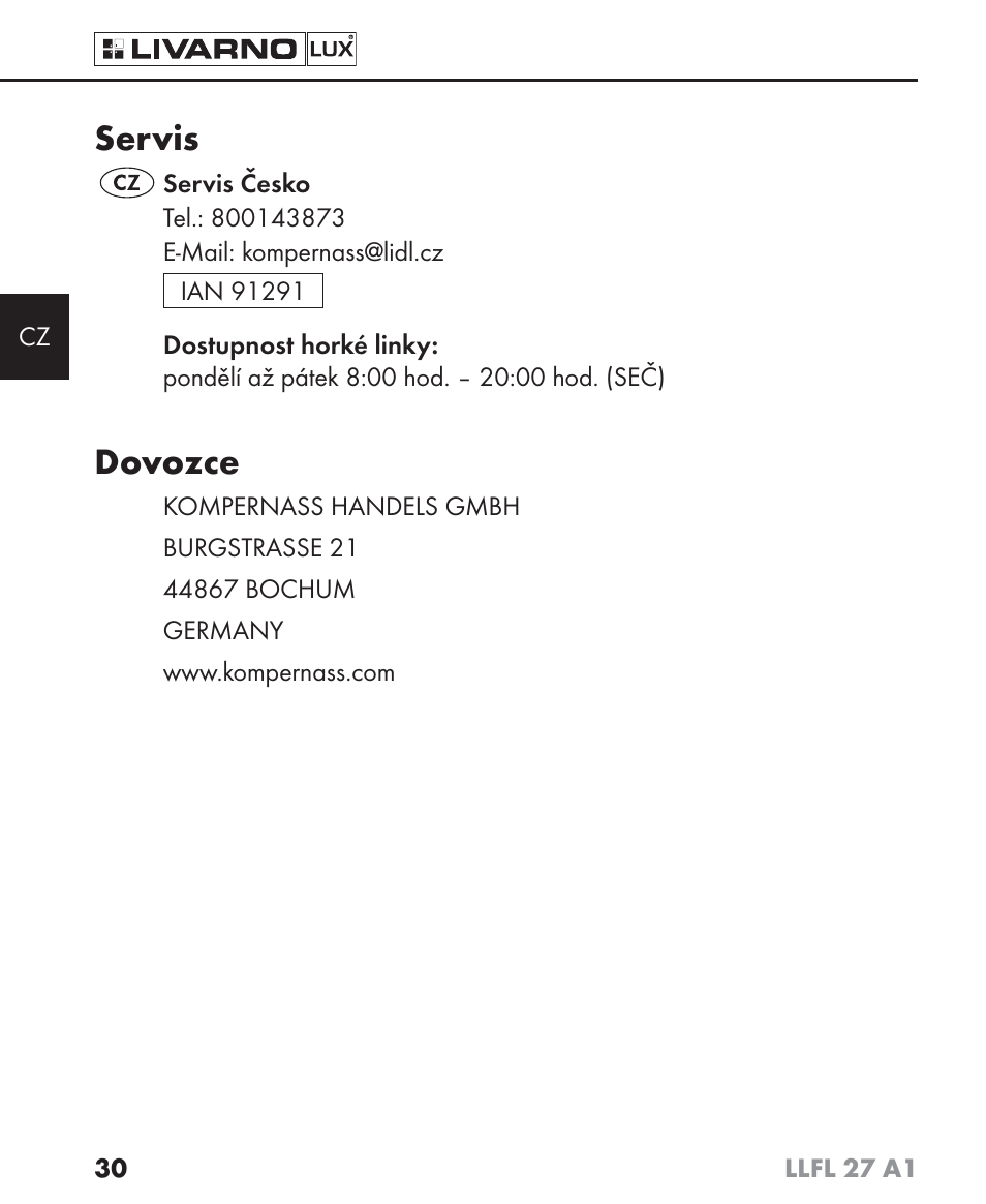 Servis, Dovozce | Livarno LLFL 27 A1 User Manual | Page 33 / 54