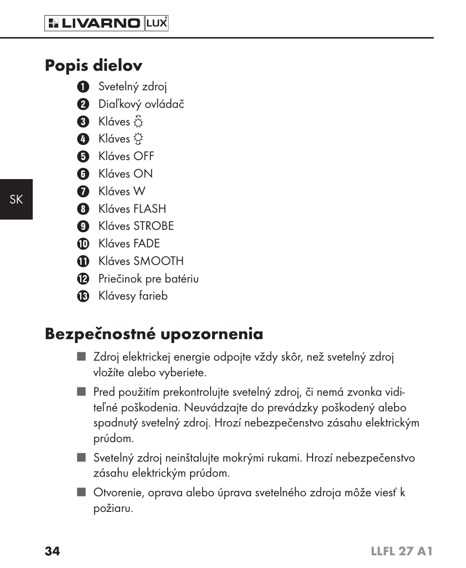 Popis dielov, Bezpečnostné upozornenia | Livarno LLFL 27 A1 User Manual | Page 37 / 54