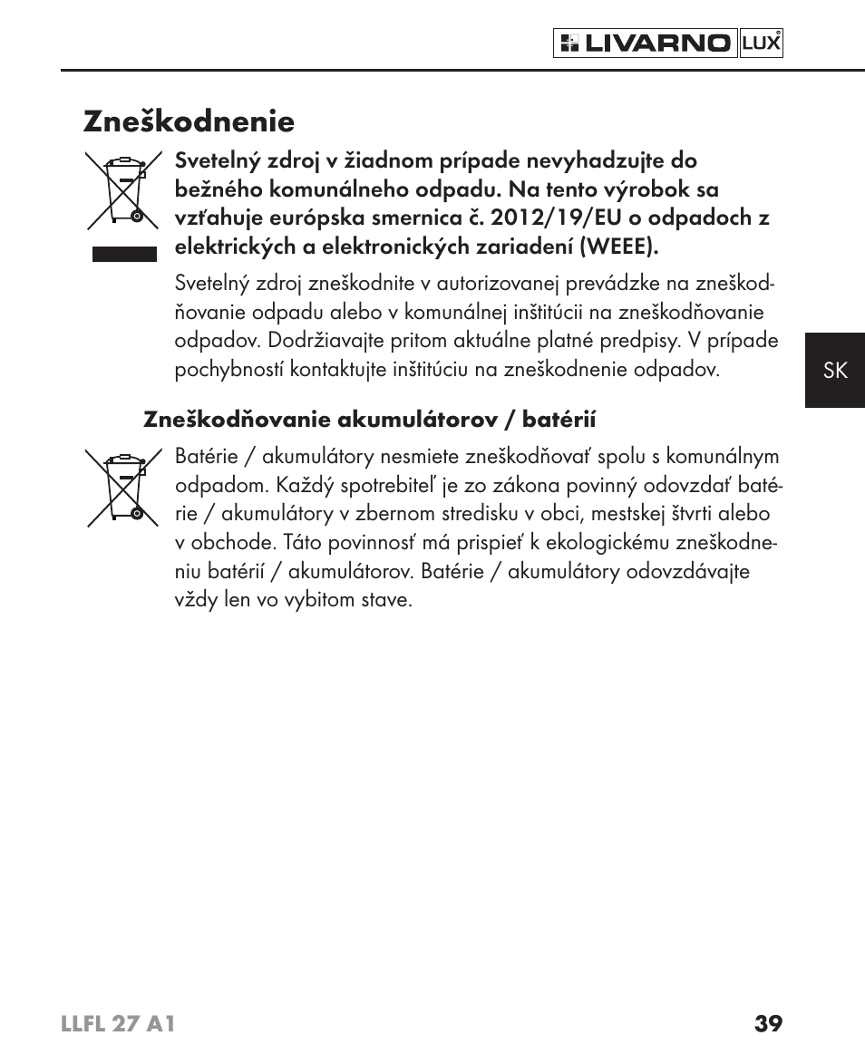 Zneškodnenie | Livarno LLFL 27 A1 User Manual | Page 42 / 54