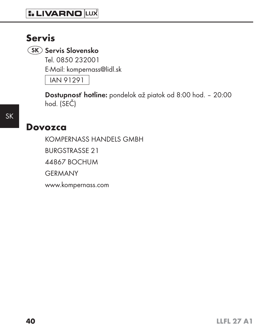 Servis, Dovozca | Livarno LLFL 27 A1 User Manual | Page 43 / 54