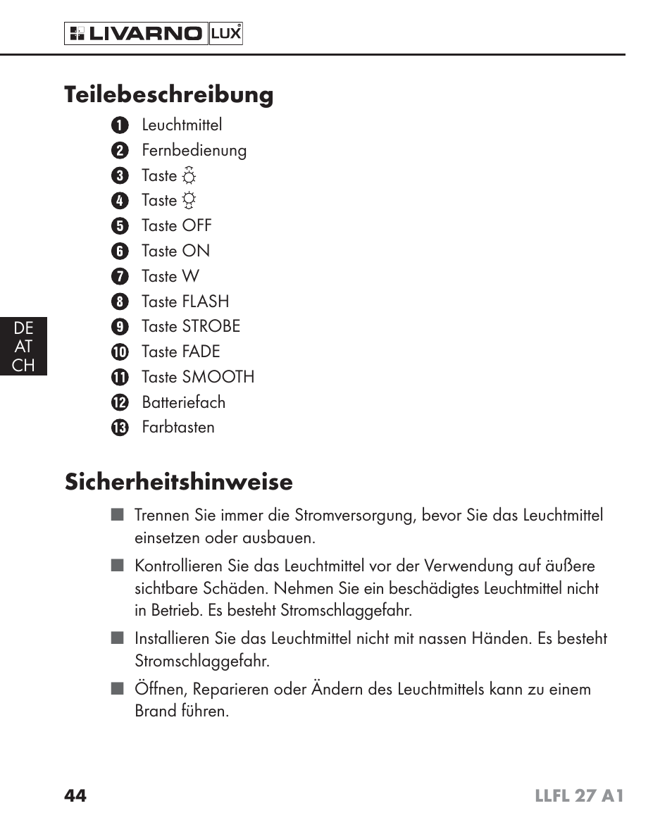 Teilebeschreibung, Sicherheitshinweise | Livarno LLFL 27 A1 User Manual | Page 47 / 54