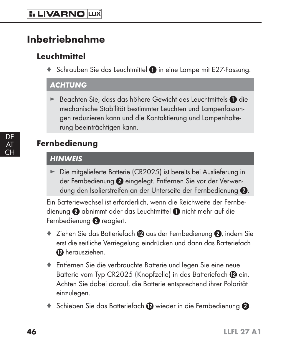 Inbetriebnahme | Livarno LLFL 27 A1 User Manual | Page 49 / 54