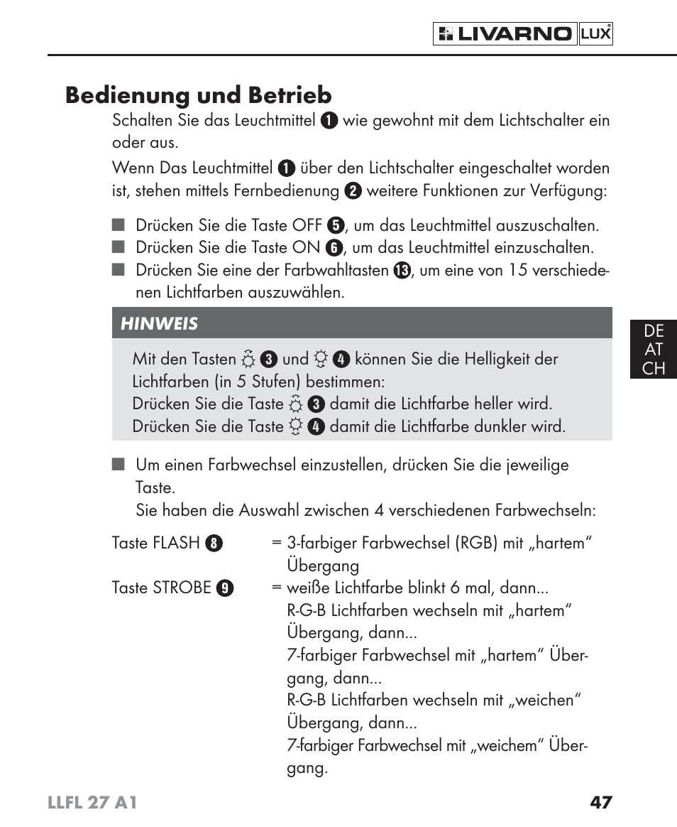 Bedienung und betrieb | Livarno LLFL 27 A1 User Manual | Page 50 / 54