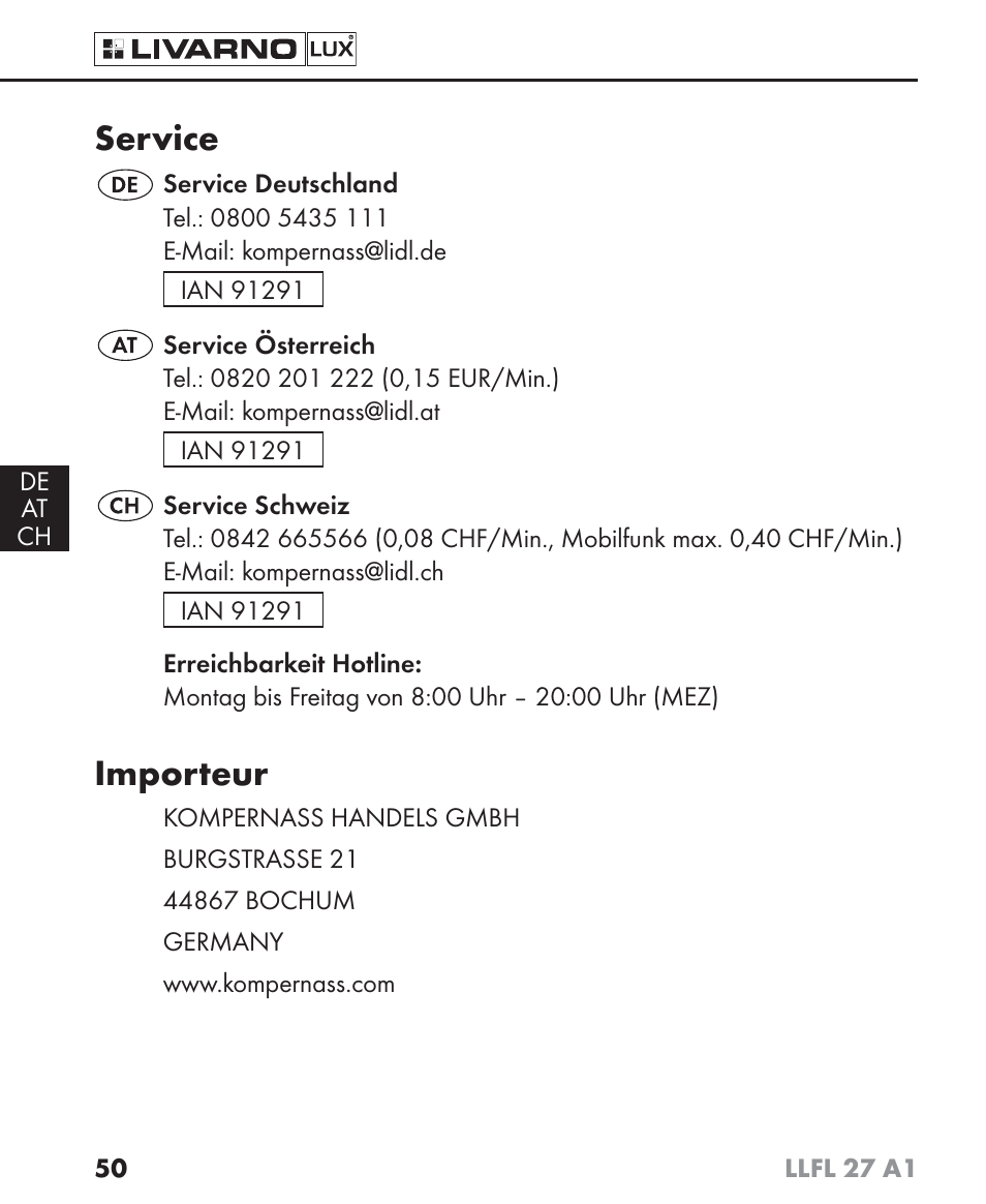 Service, Importeur | Livarno LLFL 27 A1 User Manual | Page 53 / 54