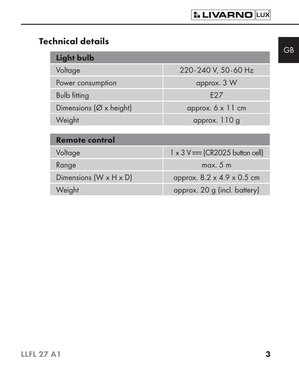 Technical details | Livarno LLFL 27 A1 User Manual | Page 6 / 54