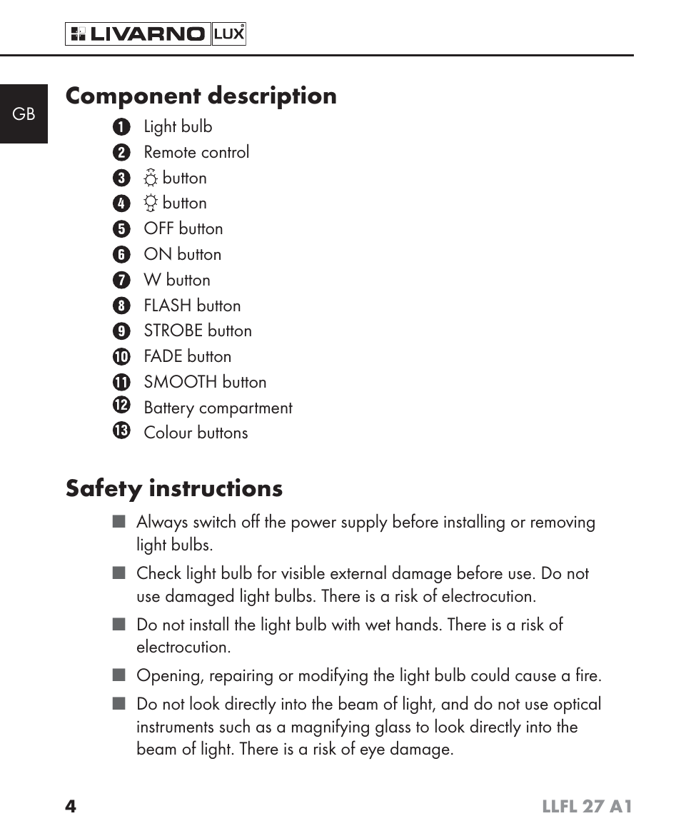 Component description, Safety instructions | Livarno LLFL 27 A1 User Manual | Page 7 / 54