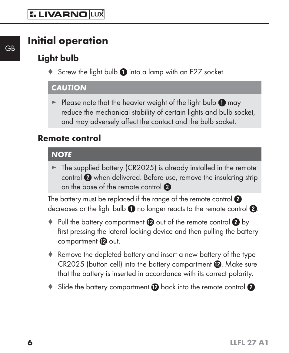 Initial operation | Livarno LLFL 27 A1 User Manual | Page 9 / 54