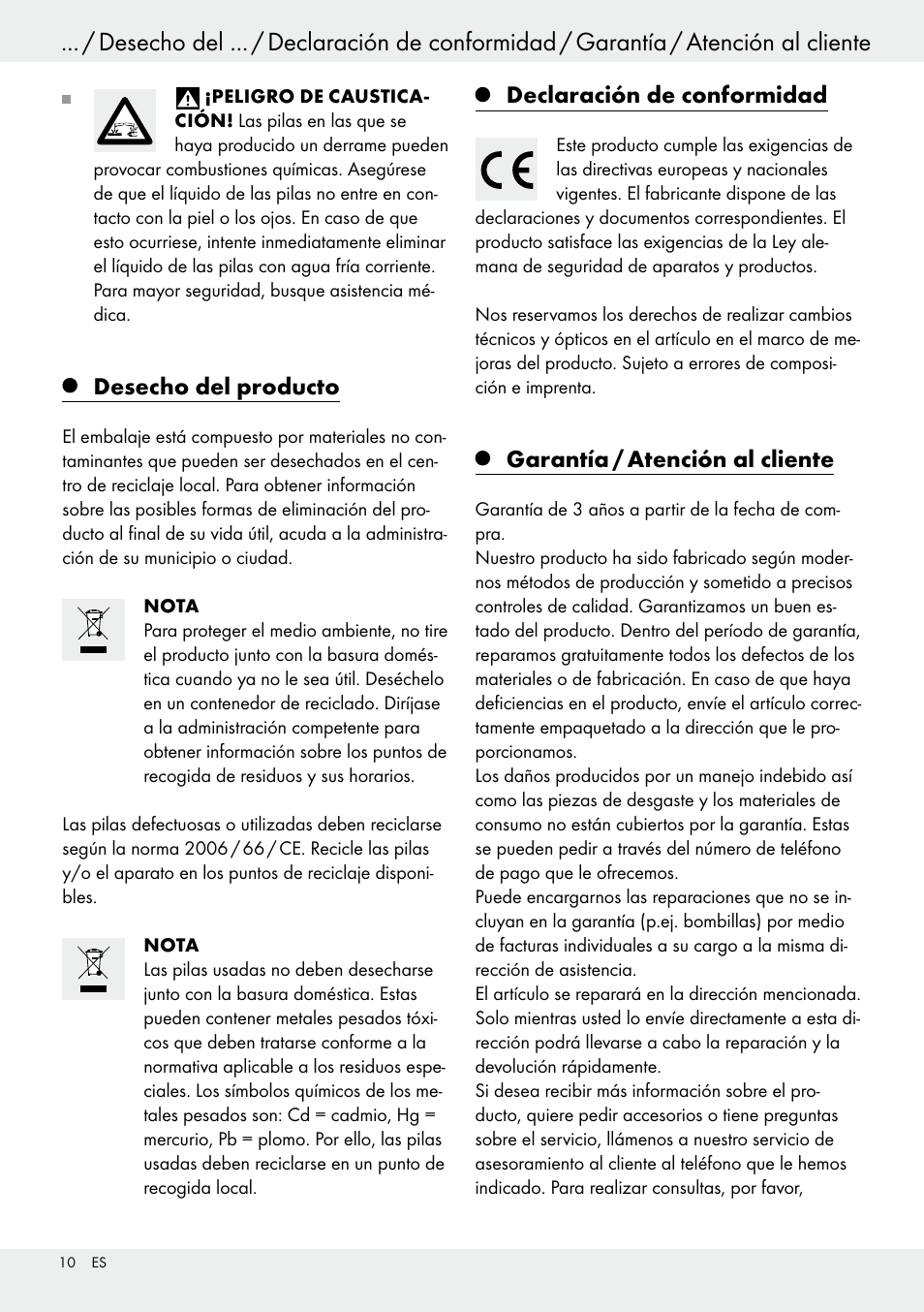 Desecho del producto, Declaración de conformidad, Garantía / atención al cliente | Livarno 54313 User Manual | Page 10 / 40