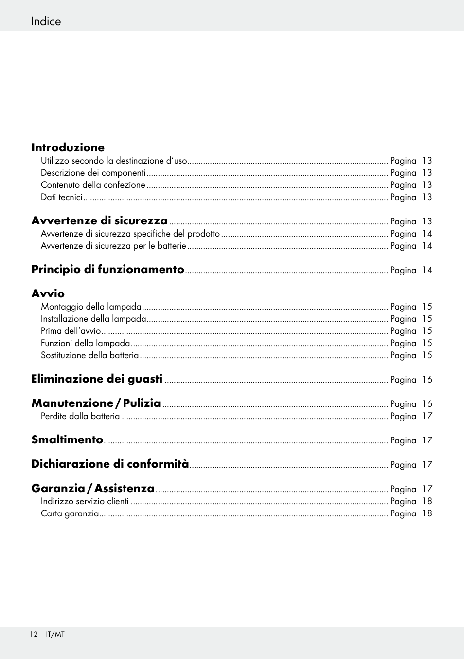 Introduzione / avvertenze di sicurezza indice | Livarno 54313 User Manual | Page 12 / 40