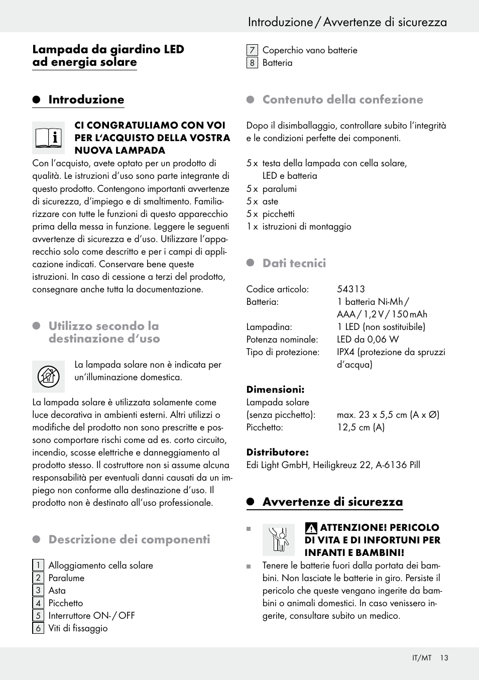 Introduzione / avvertenze di sicurezza, Indice, Lampada da giardino led ad energia solare | Introduzione, Utilizzo secondo la destinazione d‘uso, Descrizione dei componenti, Contenuto della confezione, Dati tecnici, Avvertenze di sicurezza | Livarno 54313 User Manual | Page 13 / 40