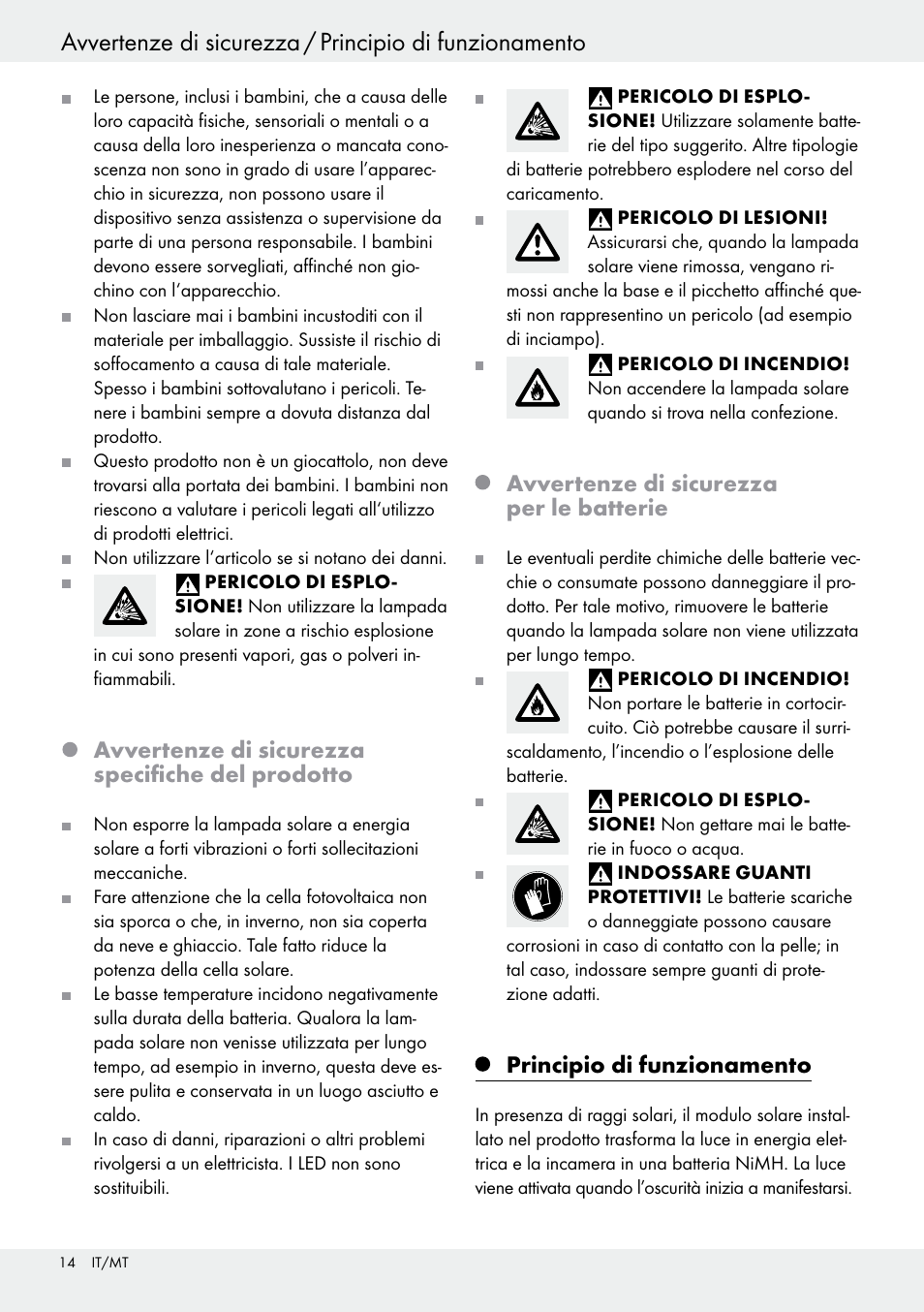 Avvertenze di sicurezza specifiche del prodotto, Avvertenze di sicurezza per le batterie, Principio di funzionamento | Livarno 54313 User Manual | Page 14 / 40