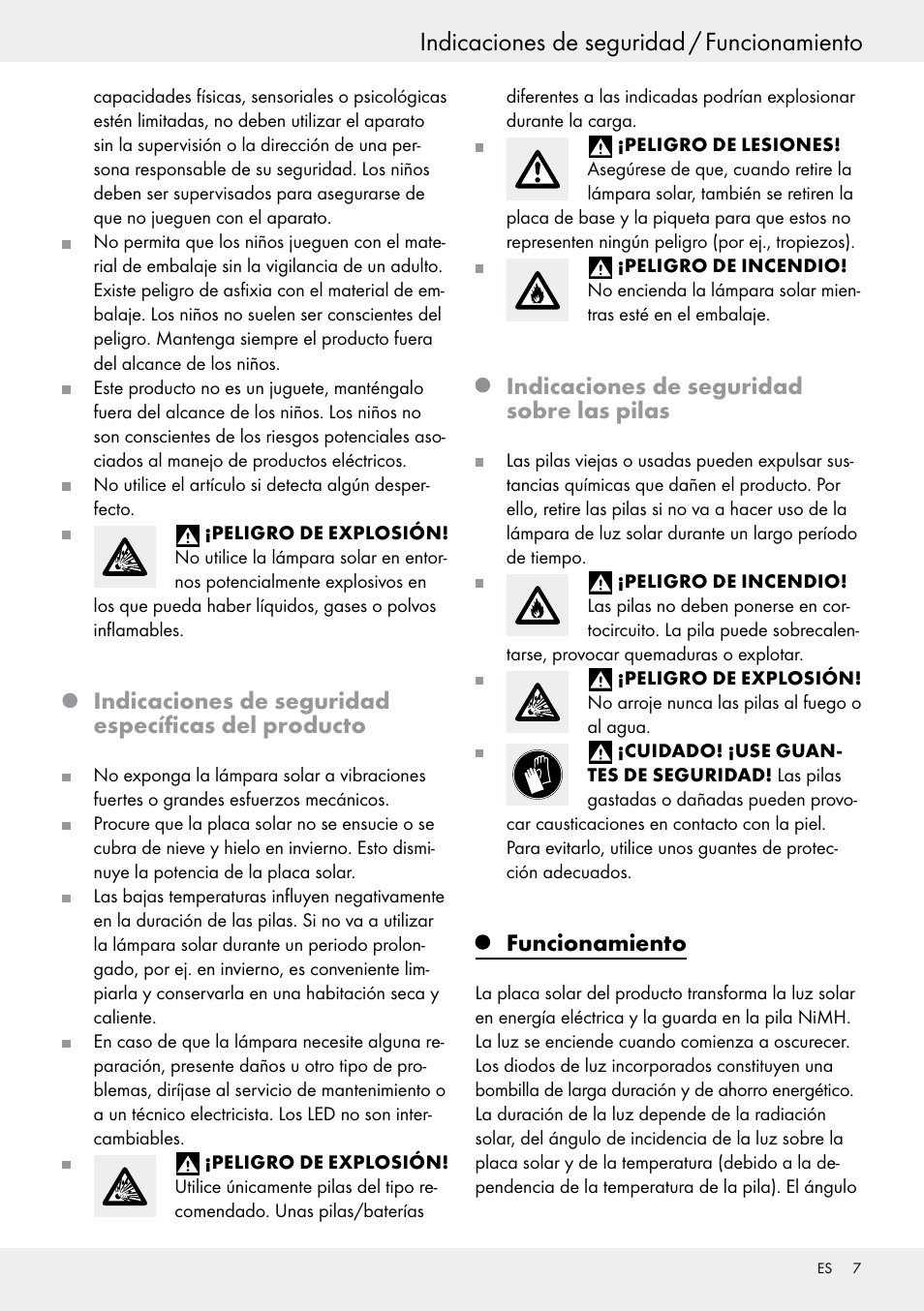 Indicaciones de seguridad específicas del producto, Indicaciones de seguridad sobre las pilas, Funcionamiento | Livarno 54313 User Manual | Page 7 / 40