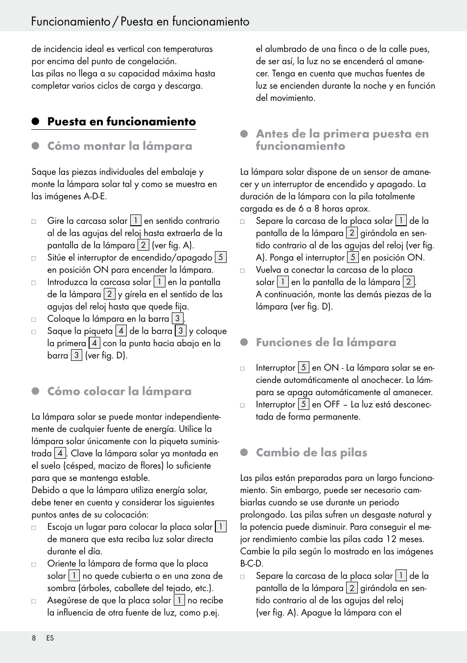 Puesta en funcionamiento cómo montar la lámpara, Cómo colocar la lámpara, Antes de la primera puesta en funcionamiento | Funciones de la lámpara, Cambio de las pilas | Livarno 54313 User Manual | Page 8 / 40